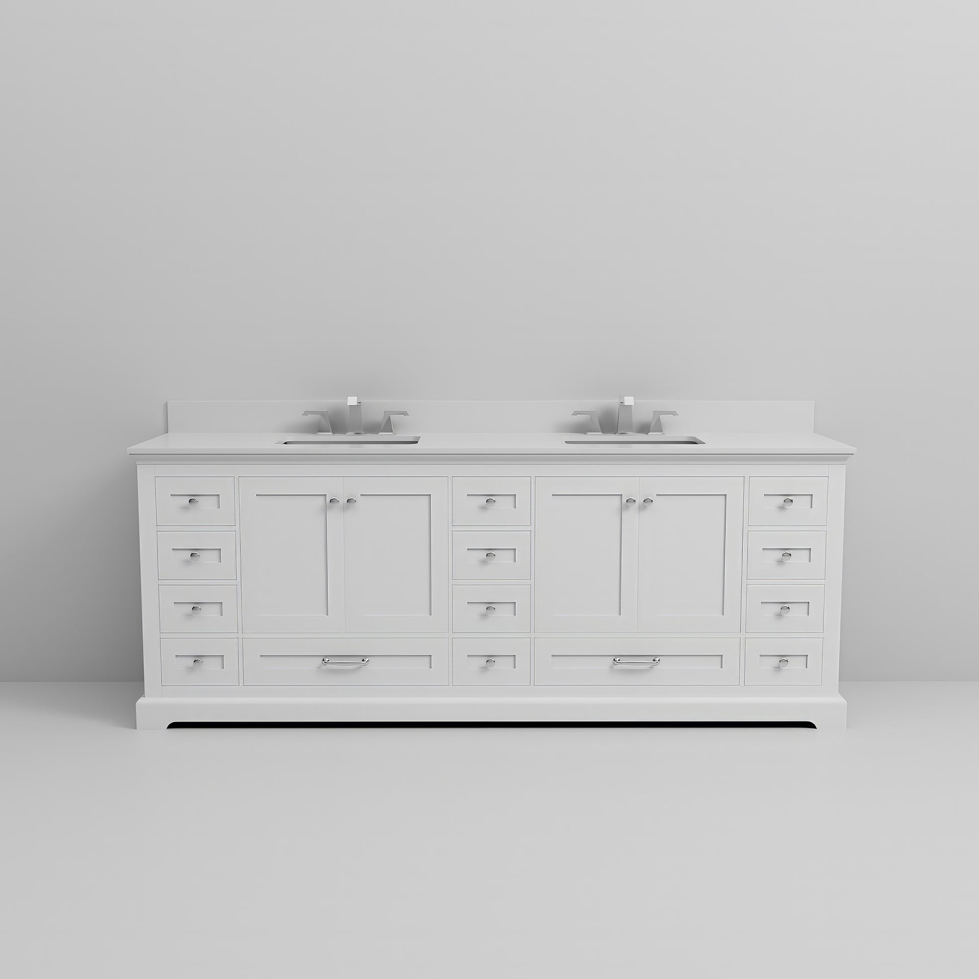 White Double Bath Vanity 84 In. W X 22 In. D, Cultured Marble Top, And Faucet Set White Plywood Wood