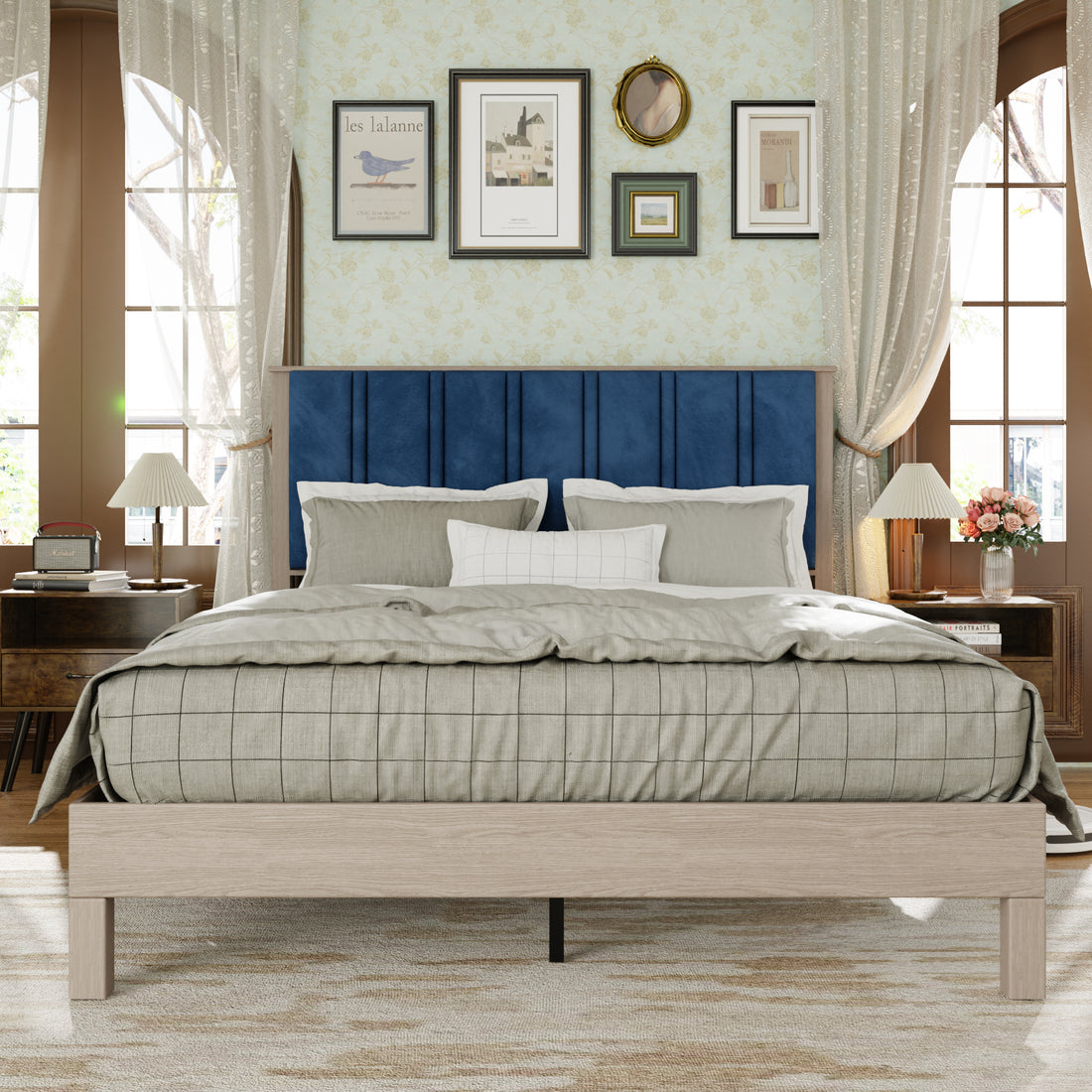 Queen Bed Frame, Wood With Wood Headboard Bed Frame With Upholstered Headboard Wood Foundation With Wood Slat Support No Box Spring Needed Easy Assembly Box Spring Not Required Queen Antique Grey White Wood Bedroom Pine Bed Frame Metal & Wood