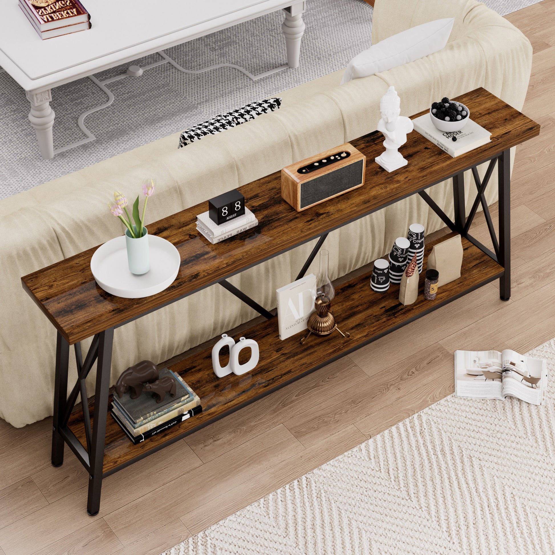 70.9 Inch Extra Long Sofa Table, Console Behind Sofa, Entryway Table With 2 Tier Storage Shelves For Hallways,Living Rooms,Foyers,Entryways,Banquet Rooms,Rustic Brown And Black, 70.9 L X 11.8"W X