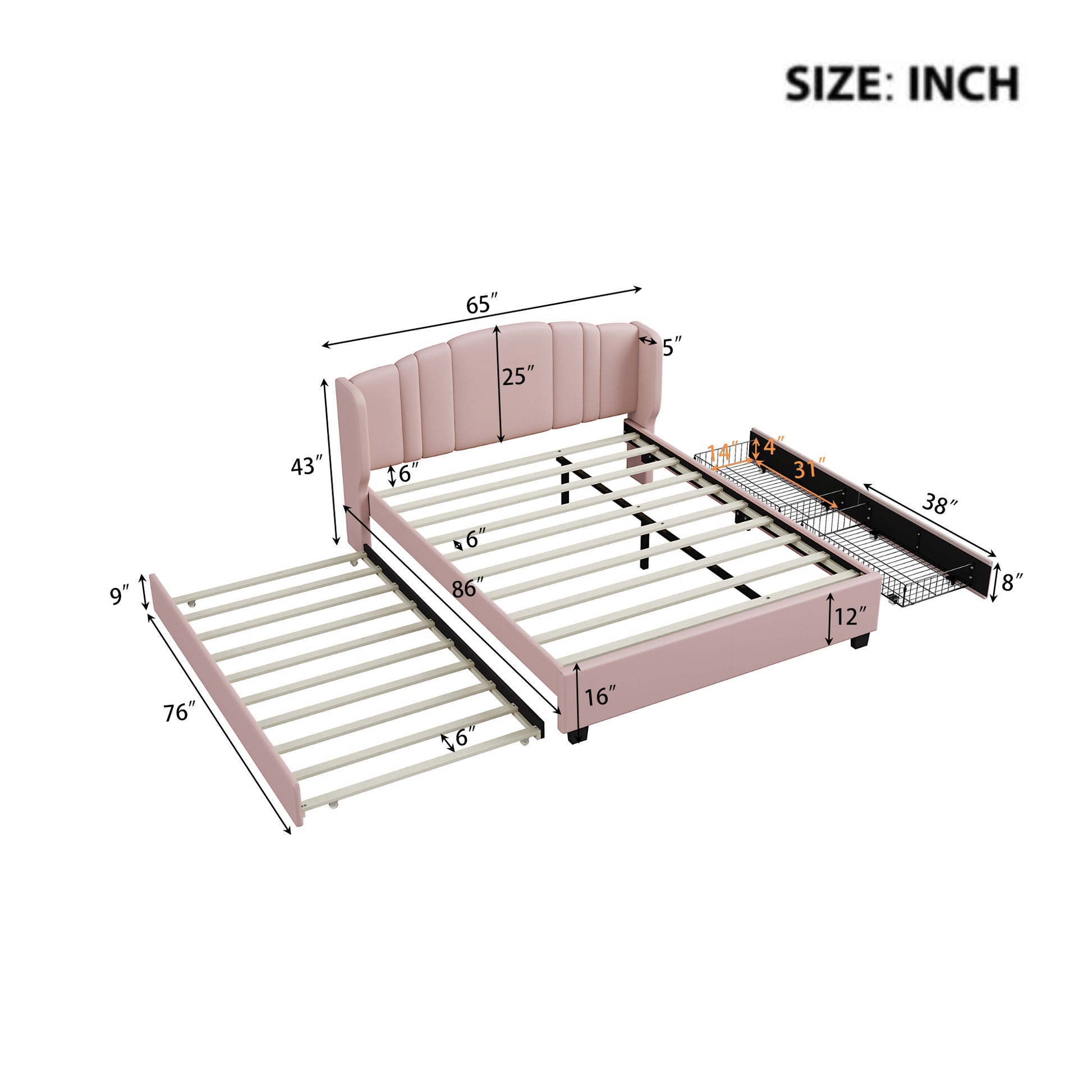 Upholstered Platform Bed With Wingback Headboard, One Twin Trundle And 2 Drawers, No Box Spring Needed, Linen Fabric, Queen Size, Pink Pink Linen