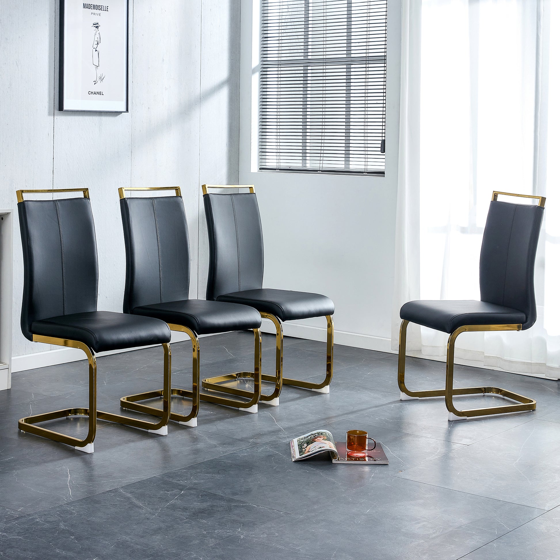 Table And Chair Set. Modern Dining Table With Mdf Top And Beautiful Mdf Legs. Equipped With Comfortable Pu Chairs And Metal Legs. Suitable For A Wide Range Of Decorative Styles. Black Seats 4 Mdf
