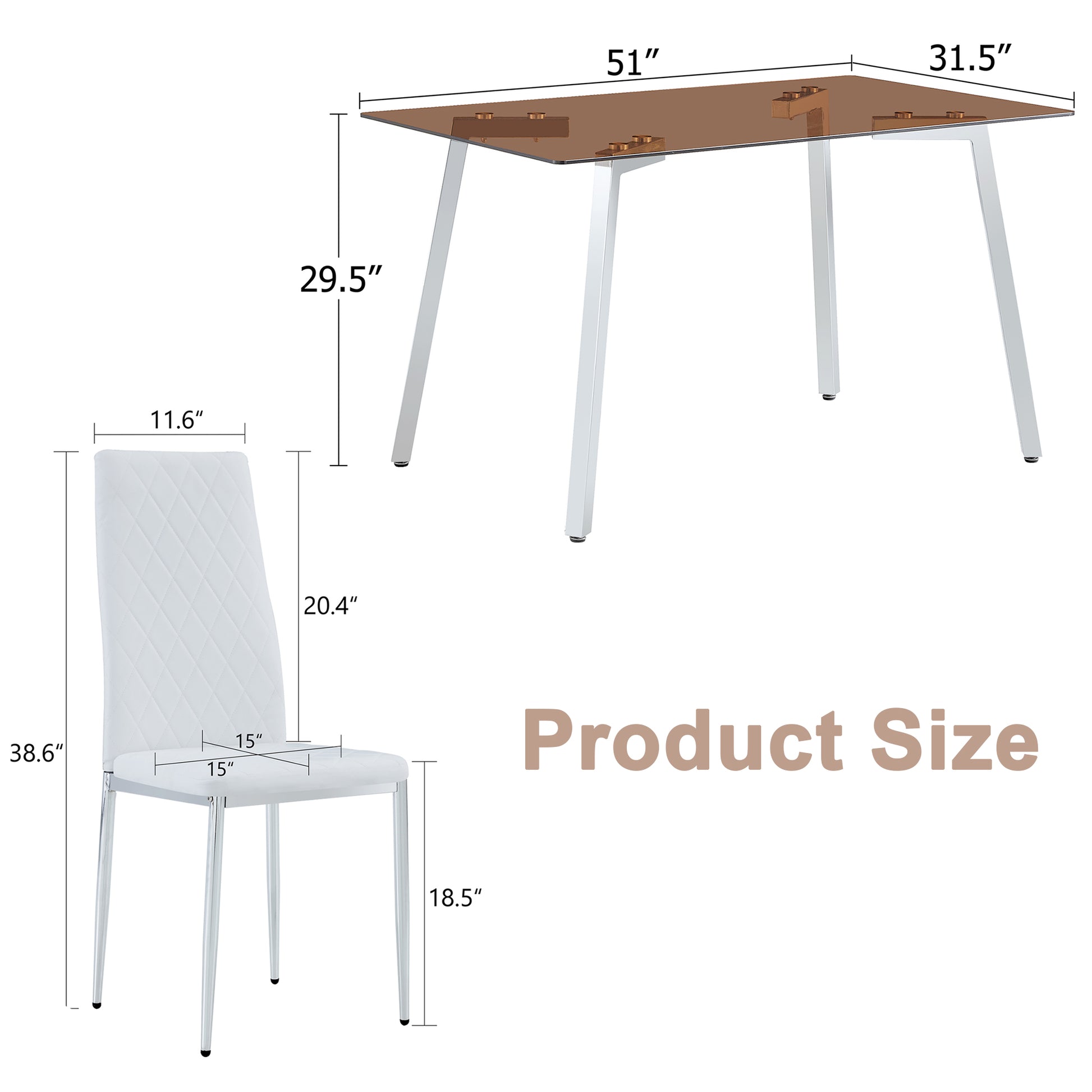 Table And Chair Set.Large Modern Rectangular Table With Brown Glass Top And Silver Metal Legs. Paired With 6 White Chairs With Checkered Armless High Back Pu Cushion And Silver Metal Legs. Silver,White Seats 6 Glass Metal