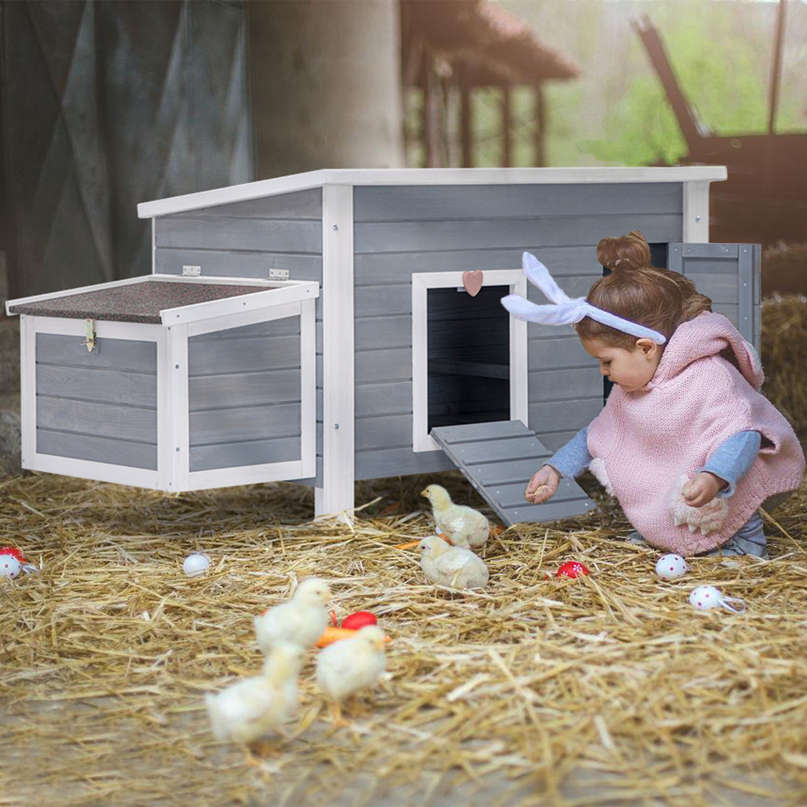 Large Wooden Chicken Coop With Perches And Nesting Box, Weatherproof Chicken Rabbit Duck House Grey Solid Wood