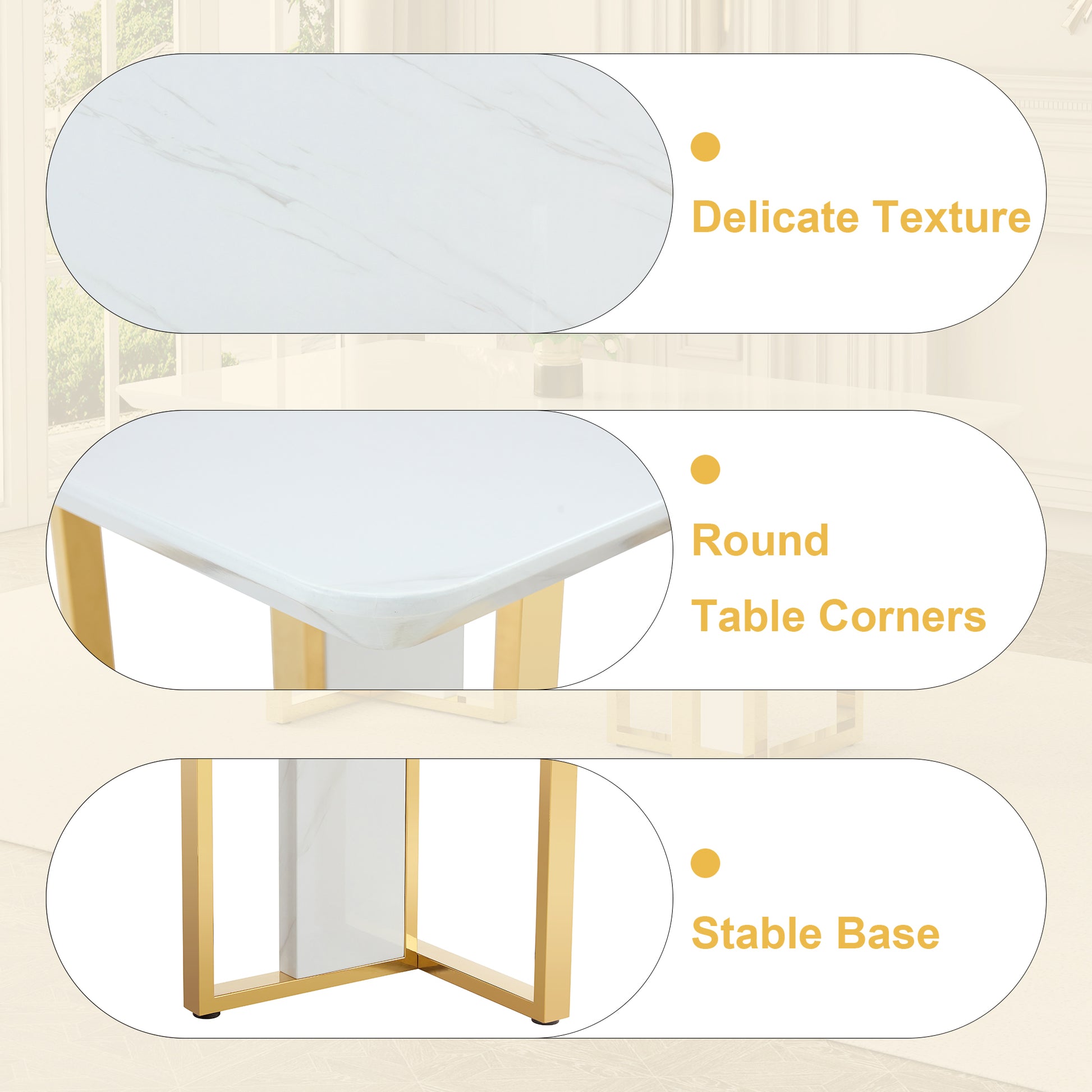 Table And Chair Set.67"X36" White Marble Pattern Mdf Dining Table Set With 8 Black Pu Chairs.Mdf Sticker,White Marble Pattern Sticker,Gold C Tube Chair Legs,Suitable For Kitchen,Dining Room,Etc.