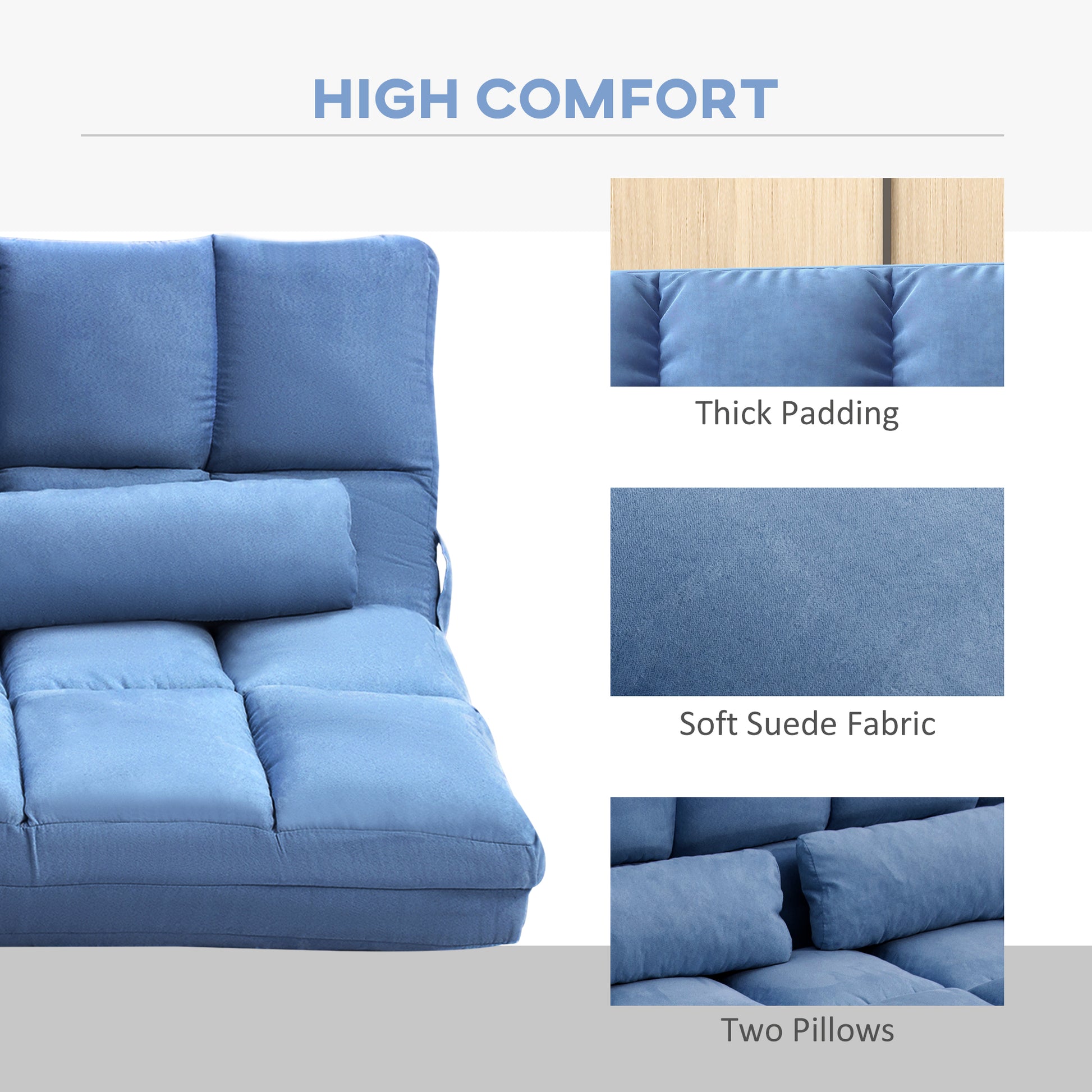 Homcom Convertible Floor Sofa Chair, Folding Couch Bed, Guest Chaise Lounge With 2 Pillows, Adjustable Backrest And Headrest, 51.25" L, Blue Blue Polyester