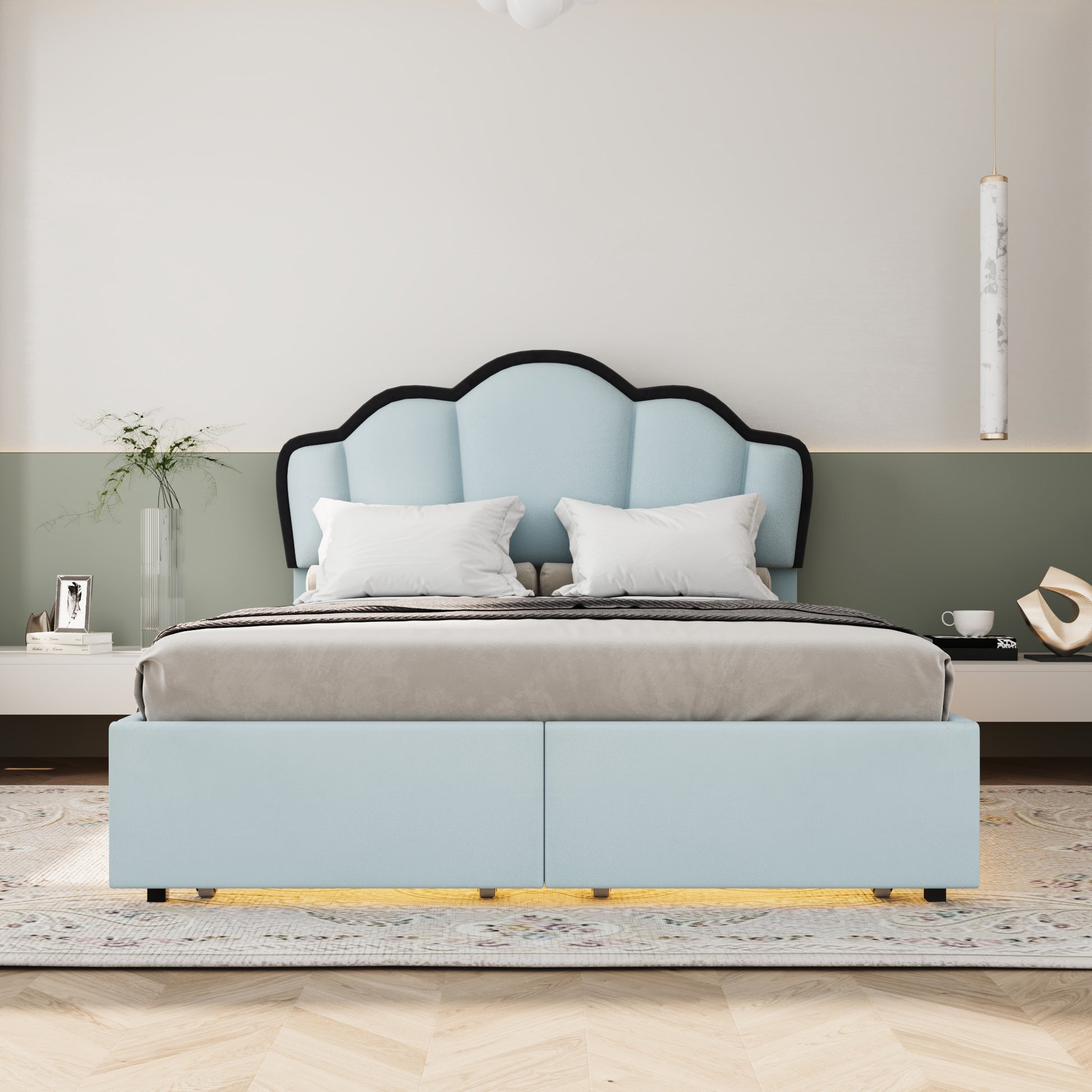 Full Size Upholstered Princess Platform Bed With Led And 2 Storage Drawers, Blue Box Spring Not Required Full Blue Wood Bathroom Bed Frame Velvet Upholstered