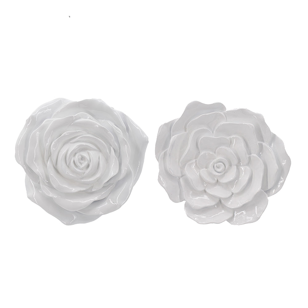 S 2 White Rose Hanging Wall Accents White Resin