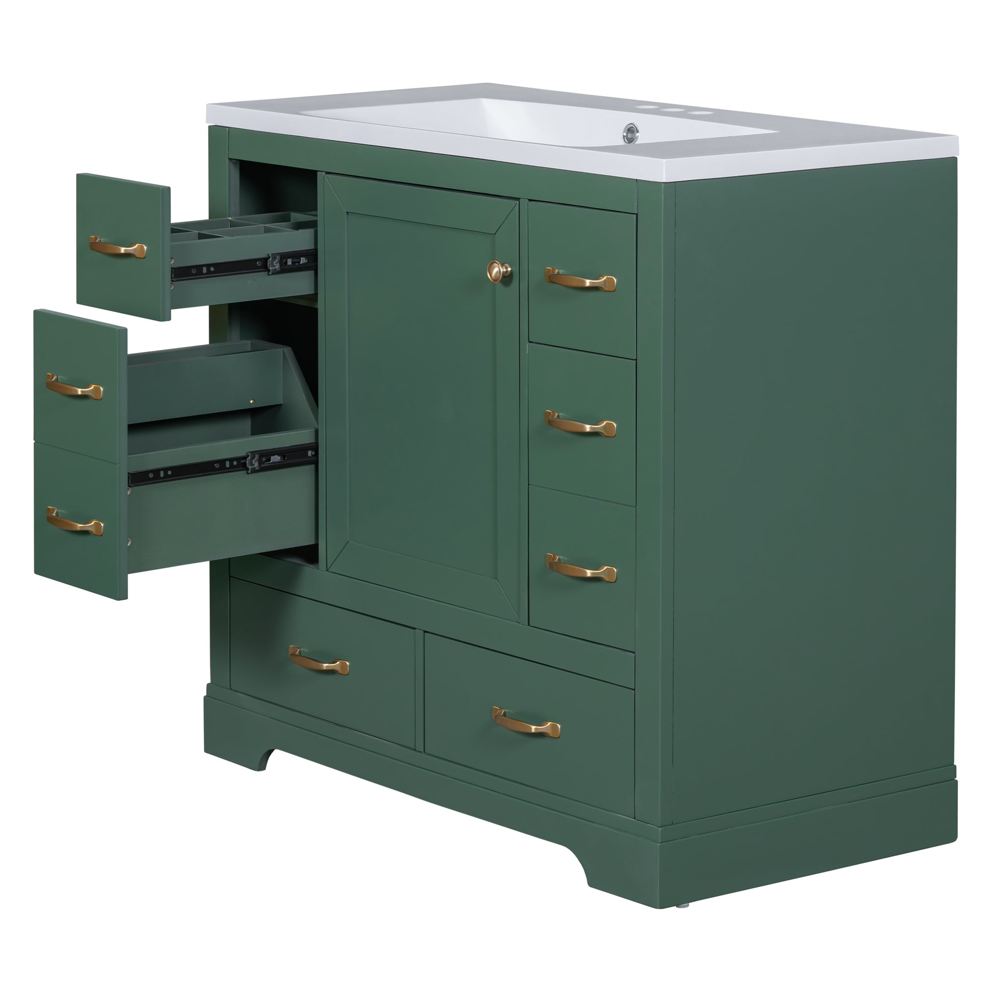 36" Bathroom Vanity With Sink Combo, Six Drawers, Multi Functional Drawer Divider, Adjustable Shelf, Green Green Solid Wood Mdf