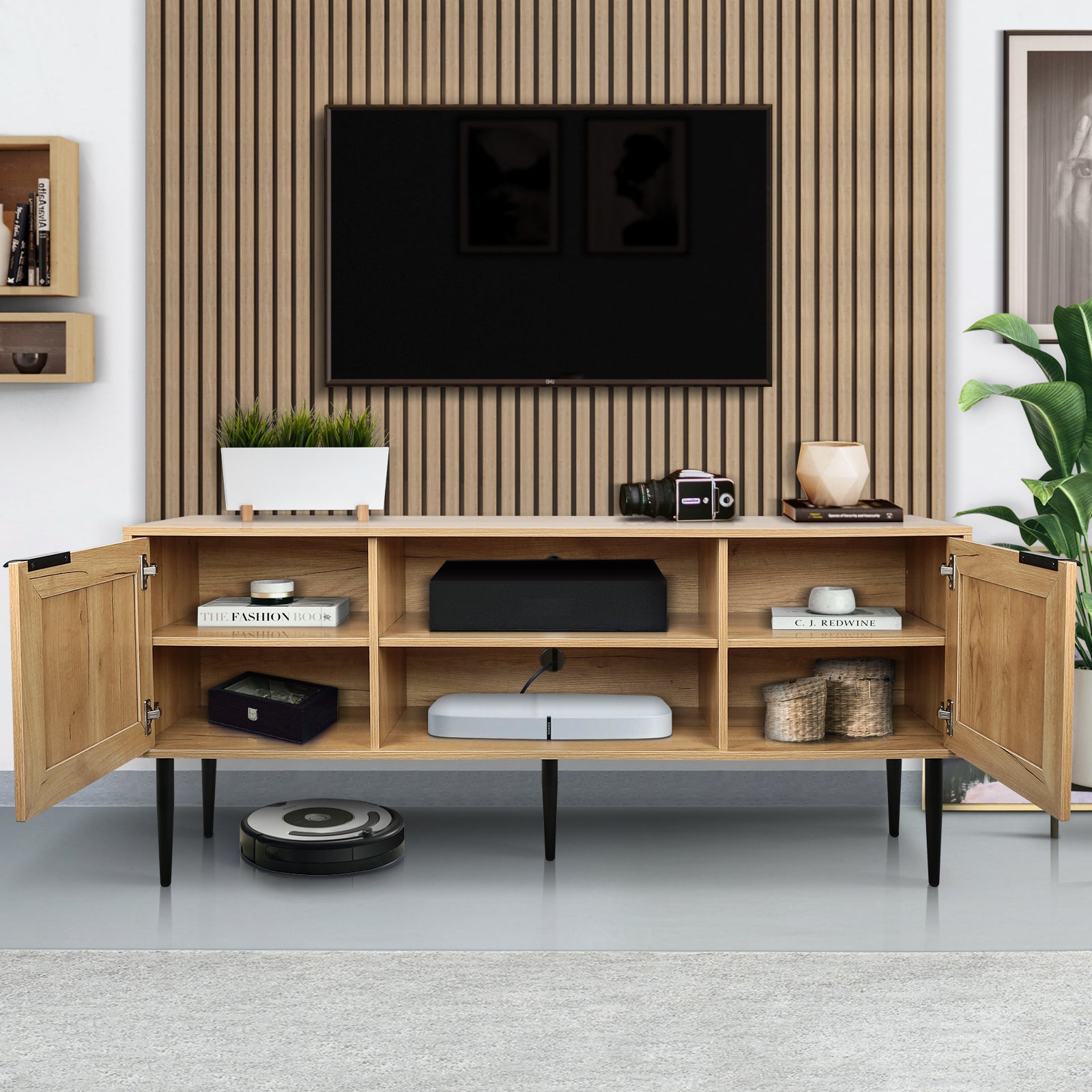 Wooden Tv Stand For Tvs Up To 65 Inches,With 2 Rattan Decorated Doors And 2 Open Shelves,Living Room Tv Console Table Wooden Entertainment Unit, Natural Color Natural Particle Board