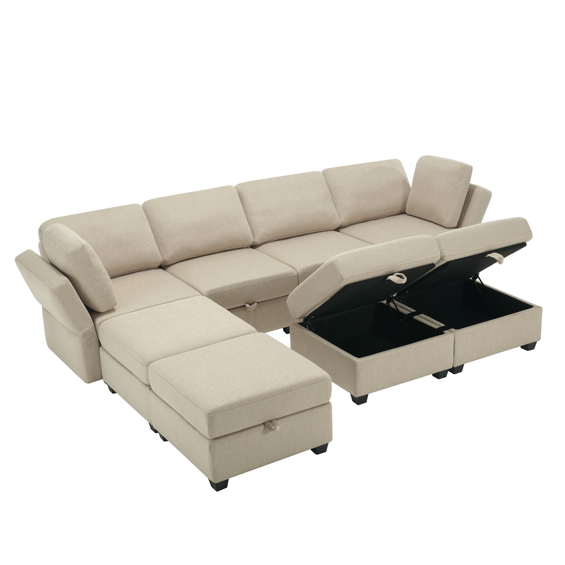 Adjustable Arms And Backs Sectional Sofa, Modern Sectional Couch U Shaped Sofa Couch With Storage Ottoman, Sofa With Convertible Chaise Beige Beige Polyester 4 Seat