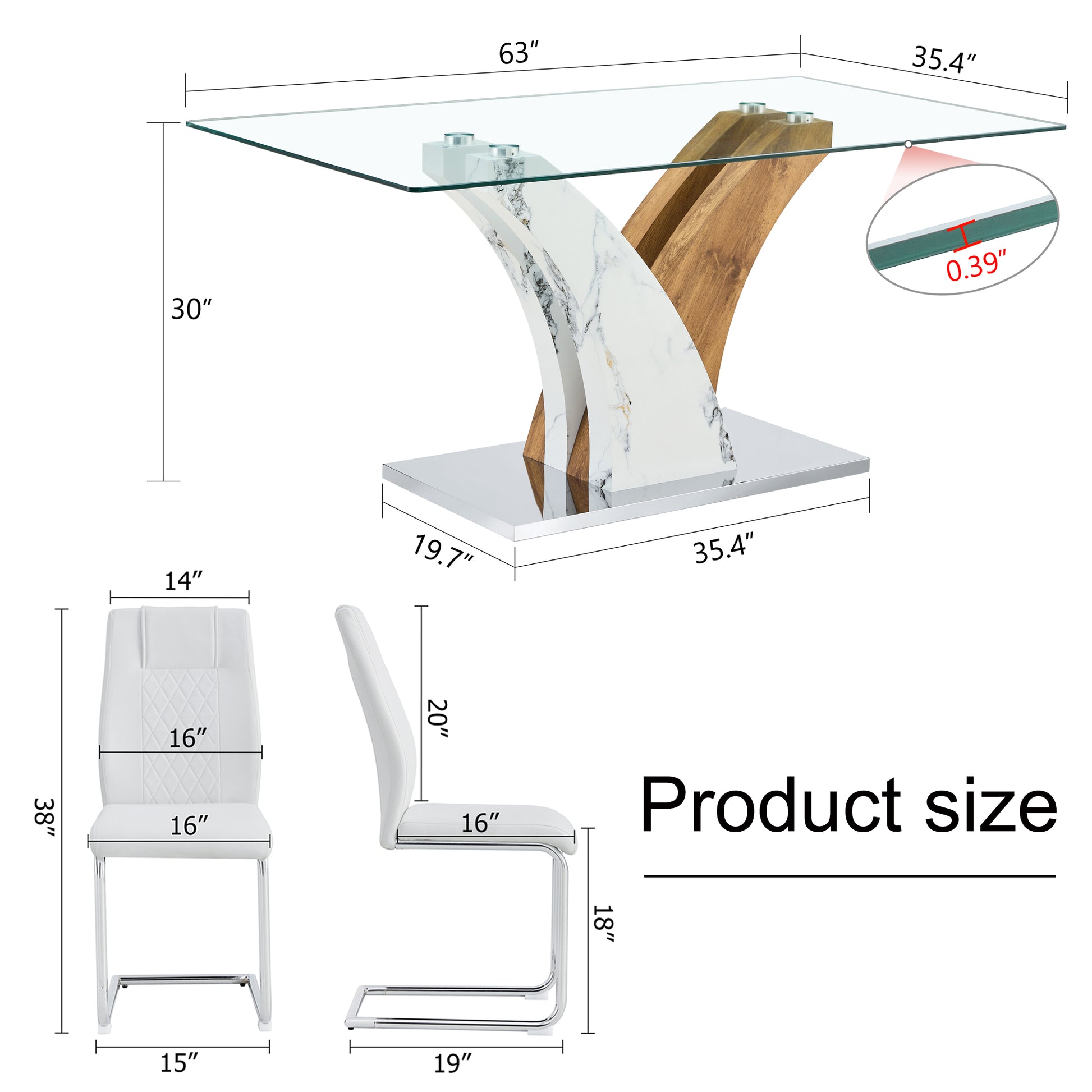 Table And Chair Set.Modern Dining Table, Tempered Glass Countertop With Artistic Mdf Legs.Paried With 4 Comfortable Chairs With Pu Seats And Metal Legs. Suitable For Various Decoration Styles. Transparent,White Seats 4 Mdf Glass