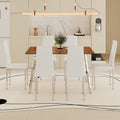 Table And Chair Set.Large Modern Rectangular Table With Brown Glass Top And Silver Metal Legs. Paired With 6 White Chairs With Checkered Armless High Back Pu Cushion And Silver Metal Legs. Silver,White Seats 6 Glass Metal
