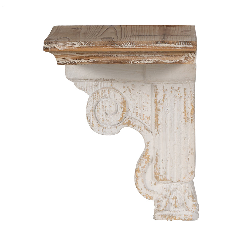 13.8X9.1X11.4" Distressed Brown And White Wooden Wall Shelf With Corbel Design Brown Antique White Wood