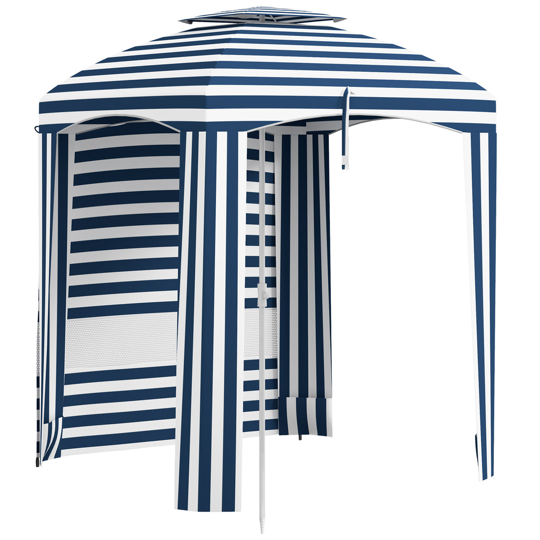 Outsunny 5.8' X 5.8' Portable Beach Umbrella With Double Top, Ruffled Outdoor Cabana With Walls, Vents, Sandbags, Carry Bag, Blue & White Stripe Multicolor Polyester