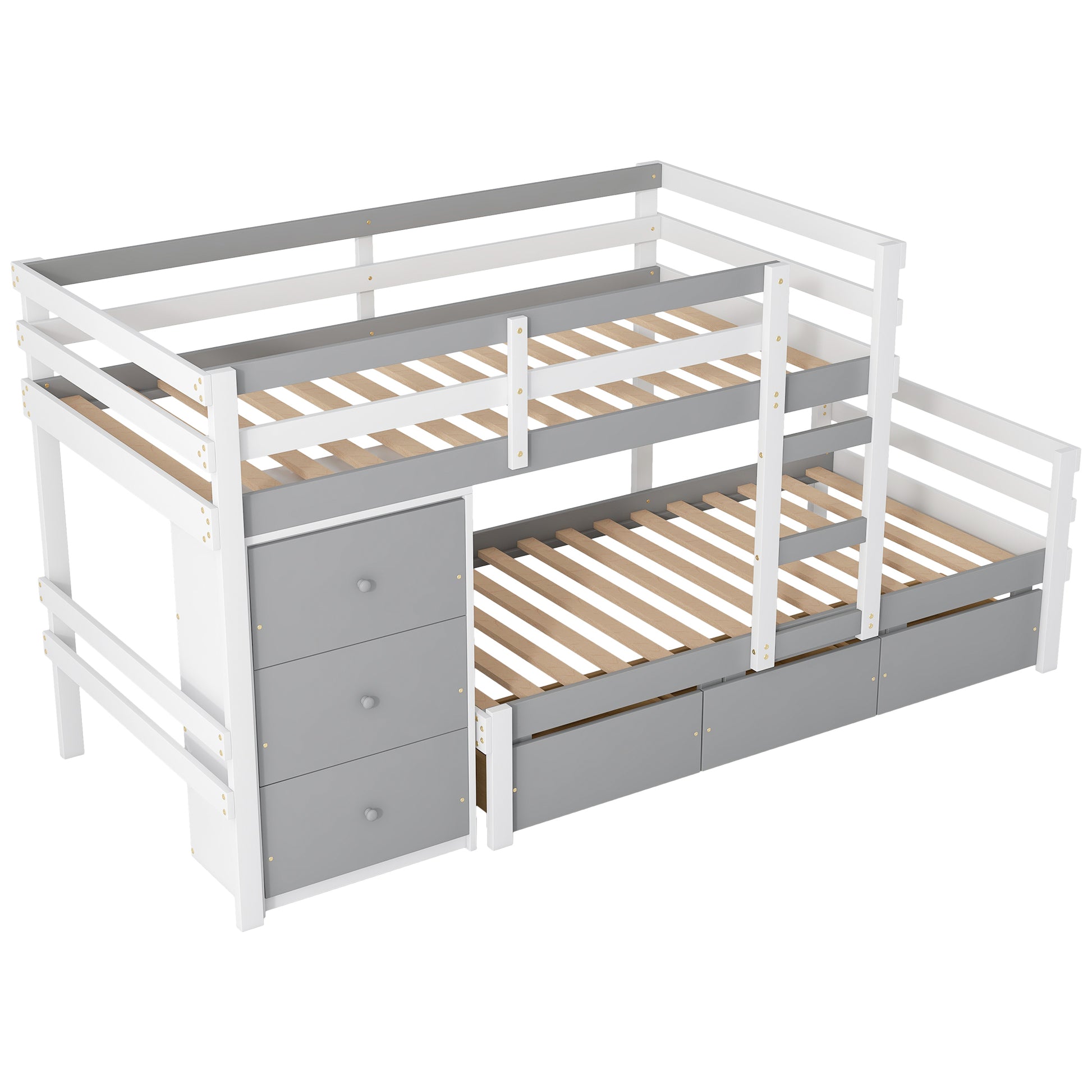 Twin Over Twin Loft Bunk Bed With Drawers And Ladder, Gray Twin Gray Pine