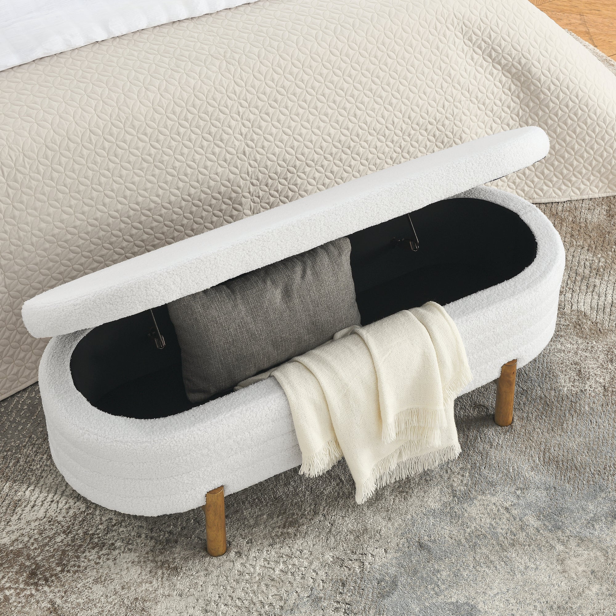 Ottoman Oval Storage Bench,Rubber Wood Leg,Beige 46."X17.7"X10.8" Beige Foam