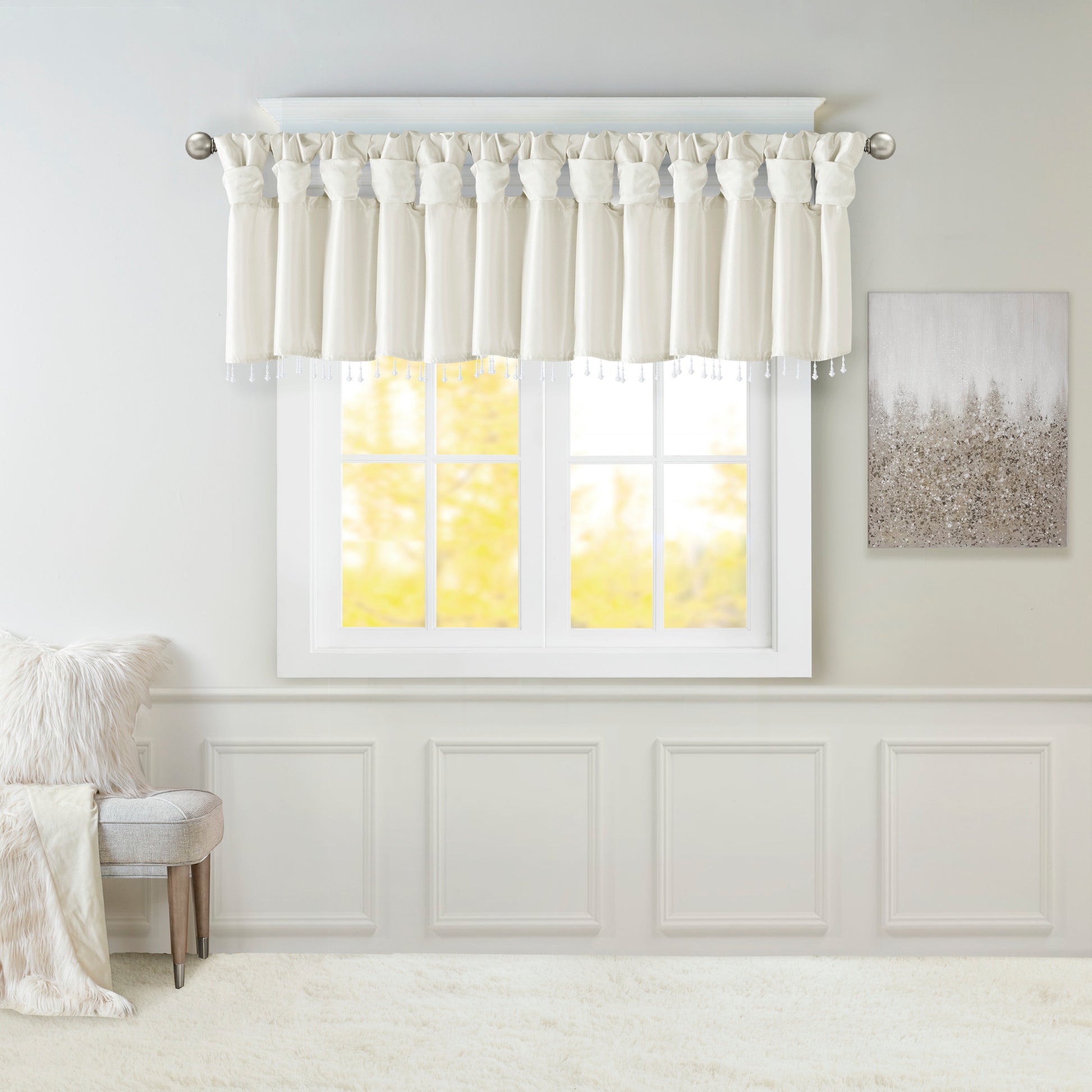 Lightweight Faux Silk Valance With Beads White 50X26" White Microfiber
