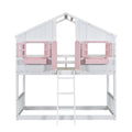 Twin Over Twin House Bunk Bed With Roofwindow, Window Box, Doorwith Safety Guardrails And Ladder, Pink White Twin Pink White Pine