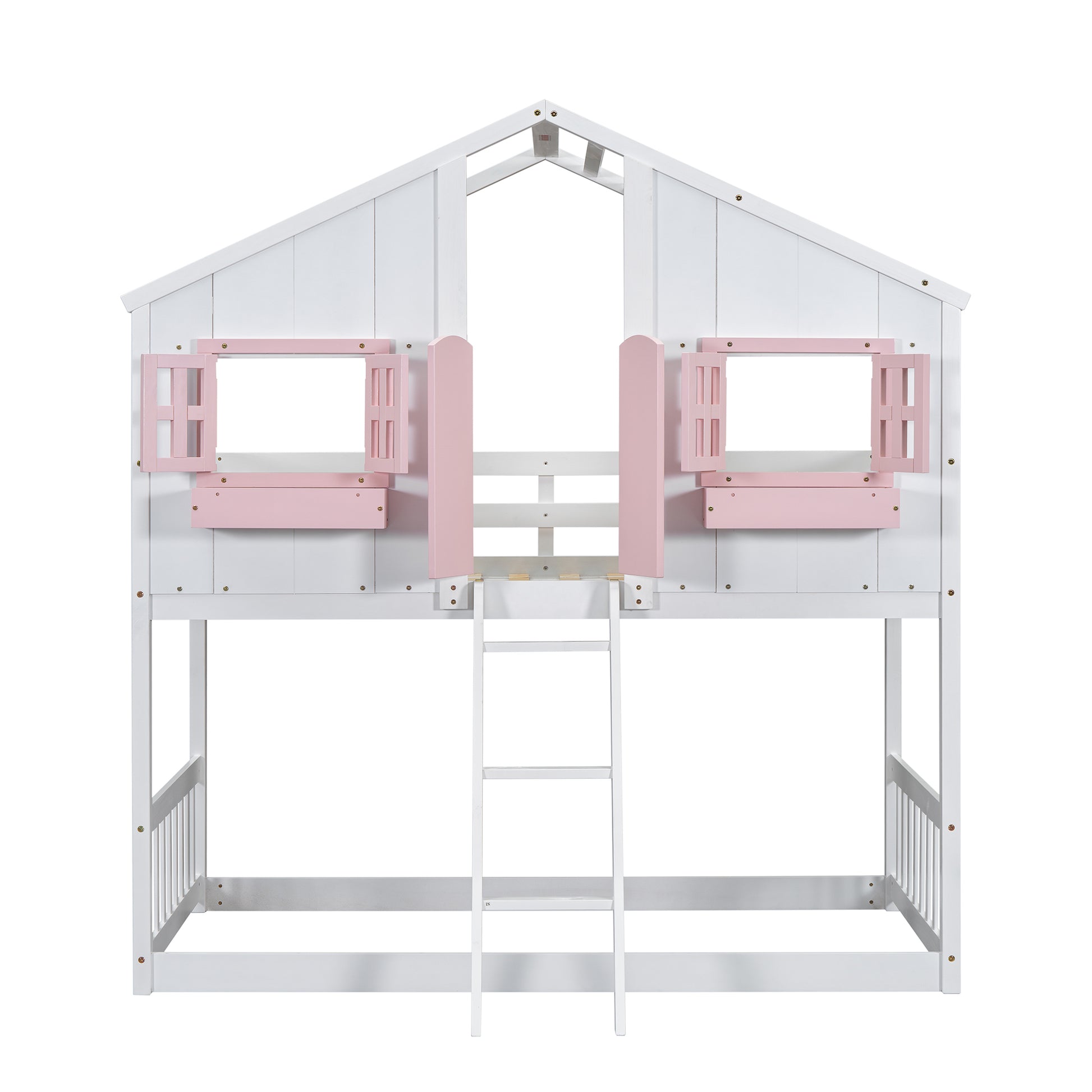 Twin Over Twin House Bunk Bed With Roofwindow, Window Box, Doorwith Safety Guardrails And Ladder, Pink White Twin Pink White Pine