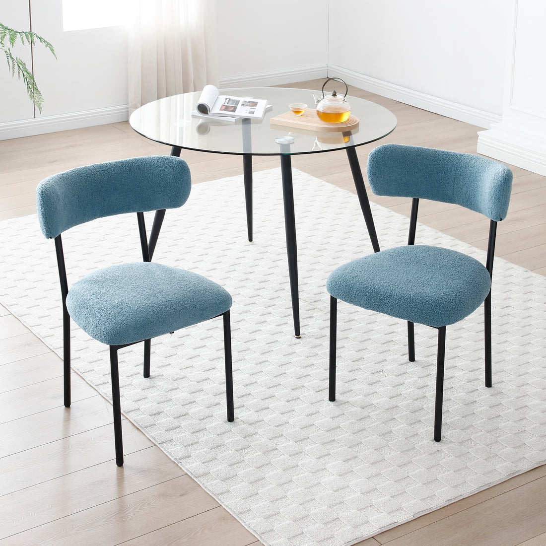Dining Chairs Set Of 2,Round Upholstered Sherpa Fabric Dining Room Chairs With Curved Backrest,Mid Century Modern Accent Chairs With Black Metal Legs For Dining Room,Living Room,Kitchen Light Blue Foam Polyester