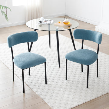 Dining Chairs Set Of 2,Round Upholstered Sherpa Fabric Dining Room Chairs With Curved Backrest,Mid Century Modern Accent Chairs With Black Metal Legs For Dining Room,Living Room,Kitchen Light Blue Foam Polyester
