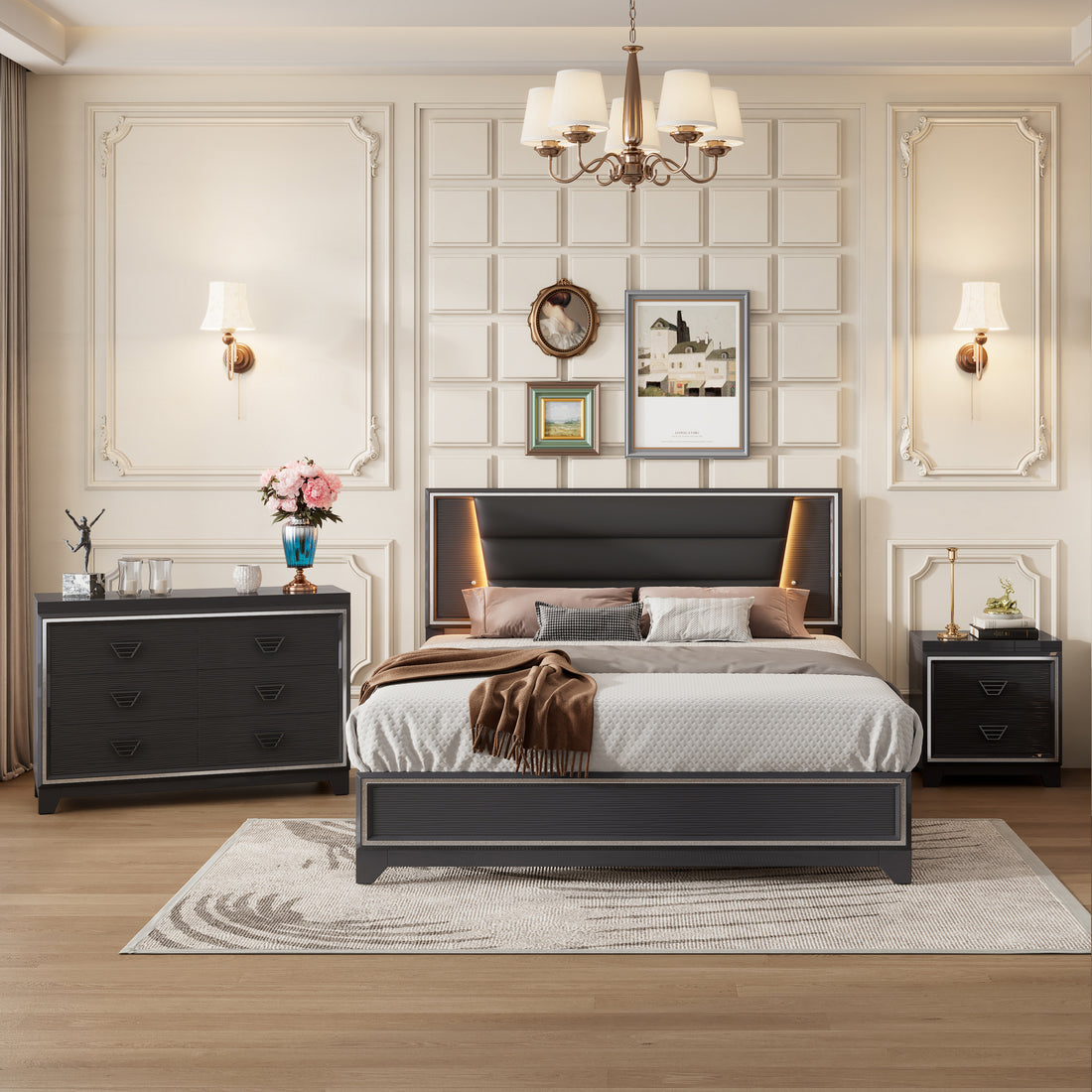 3 Pieces Bedroom Sets Queen Size Upholstered Bed With Led Lights, Nightstands And Dresser With Metal Handles And Sparkling Shiny Decoration, Black Expected Arrival Time:8.5 Queen Black 3 Piece Set Mdf Metal