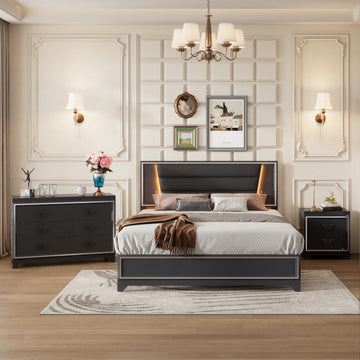 3 Pieces Bedroom Sets Queen Size Upholstered Bed With Led Lights, Nightstands And Dresser With Metal Handles And Sparkling Shiny Decoration, Black Expected Arrival Time:8.5 Queen Black 3 Piece Set Mdf Metal
