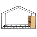 Full Size Metal Bed House Bed Frame With Shelves And Lights, Black Full Black Metal & Wood