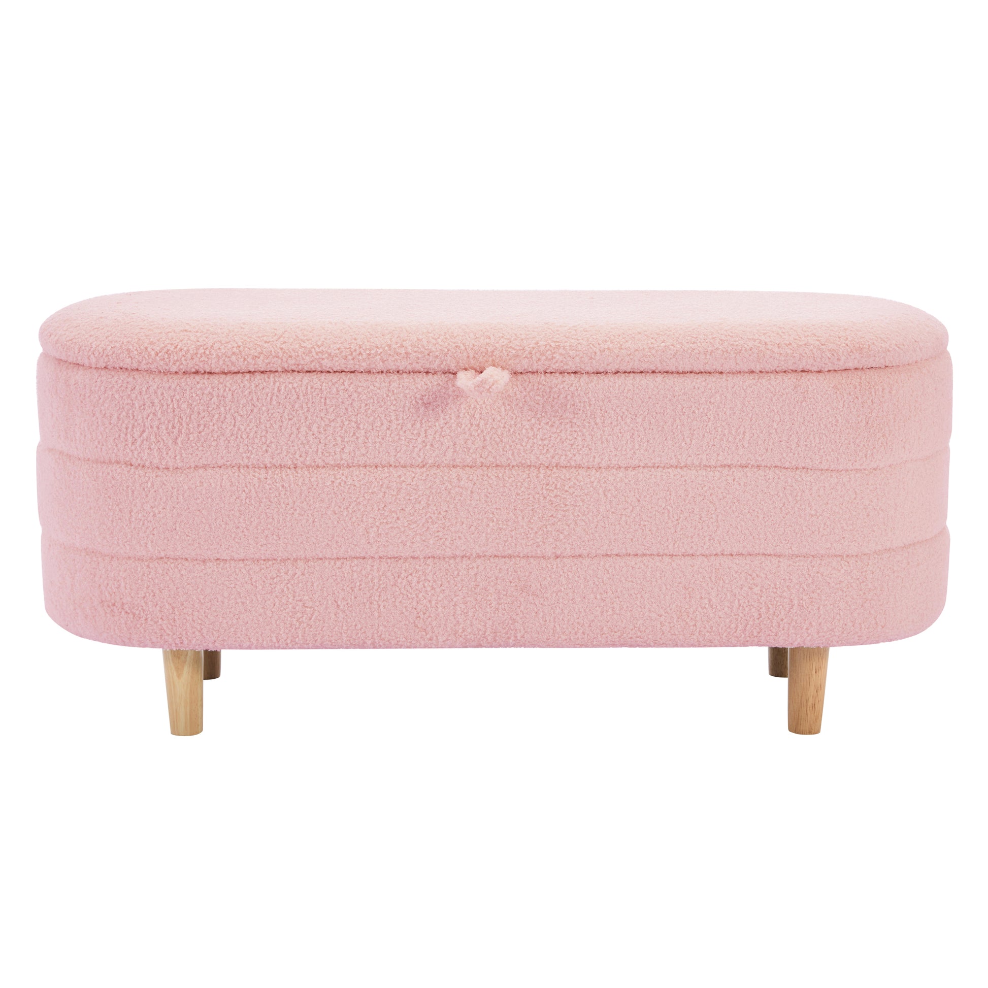 Elegant Upholstered Sherpa Fabric Storage Ottoman With Wood Legs, Storage Bench For Bedroom, Living Room, Pink Pink Wood