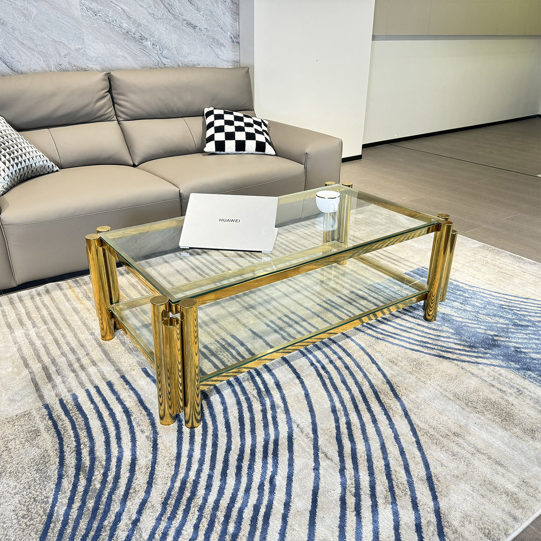 47" Wide Rectangle Modern Stainless Steel Coffee Table, Double Layer Clear Tempered Glass Coffee Table, Center Table With Storage, For Living Room Home Office, Easy Assembly, Gold Clear,Gold Modern