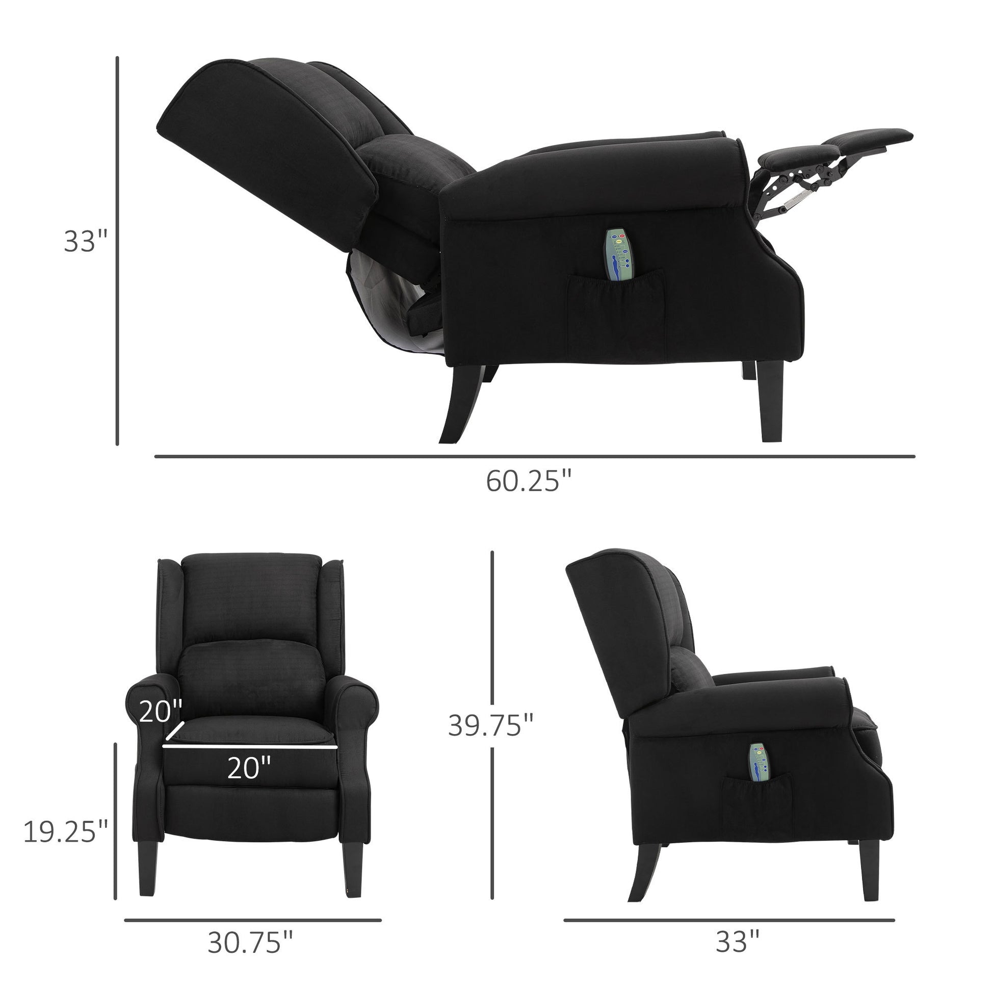 Homcom Wingback Heated Vibrating Massage Chair, Accent Sofa Vintage Upholstered Massage Recliner Chair Push Back With Remote Controller, Black Black Fabric