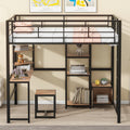 Full Size Loft Bed With Desk And Stool, Metal Loft Bed With Open Style Wardrobe, Shelves And Cabinet, Black Full Black Metal & Wood