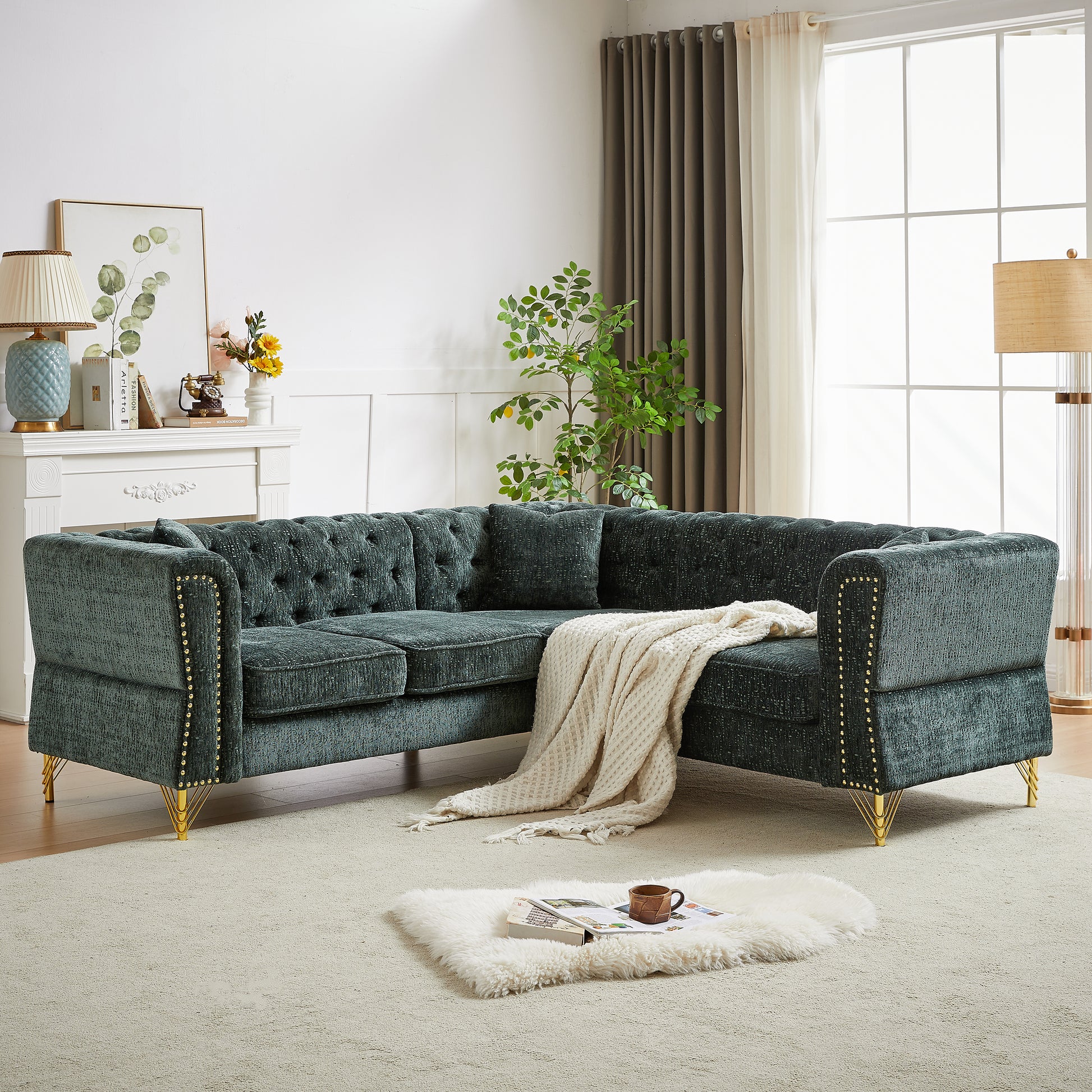 81.5 Inch Chenille Corner Sofal Shaped Sectional Couch, 5 Seater Corner Sofas With 3 Cushions For Living Room, Bedroom, Apartment, Office Green Foam Chenille 5 Seat