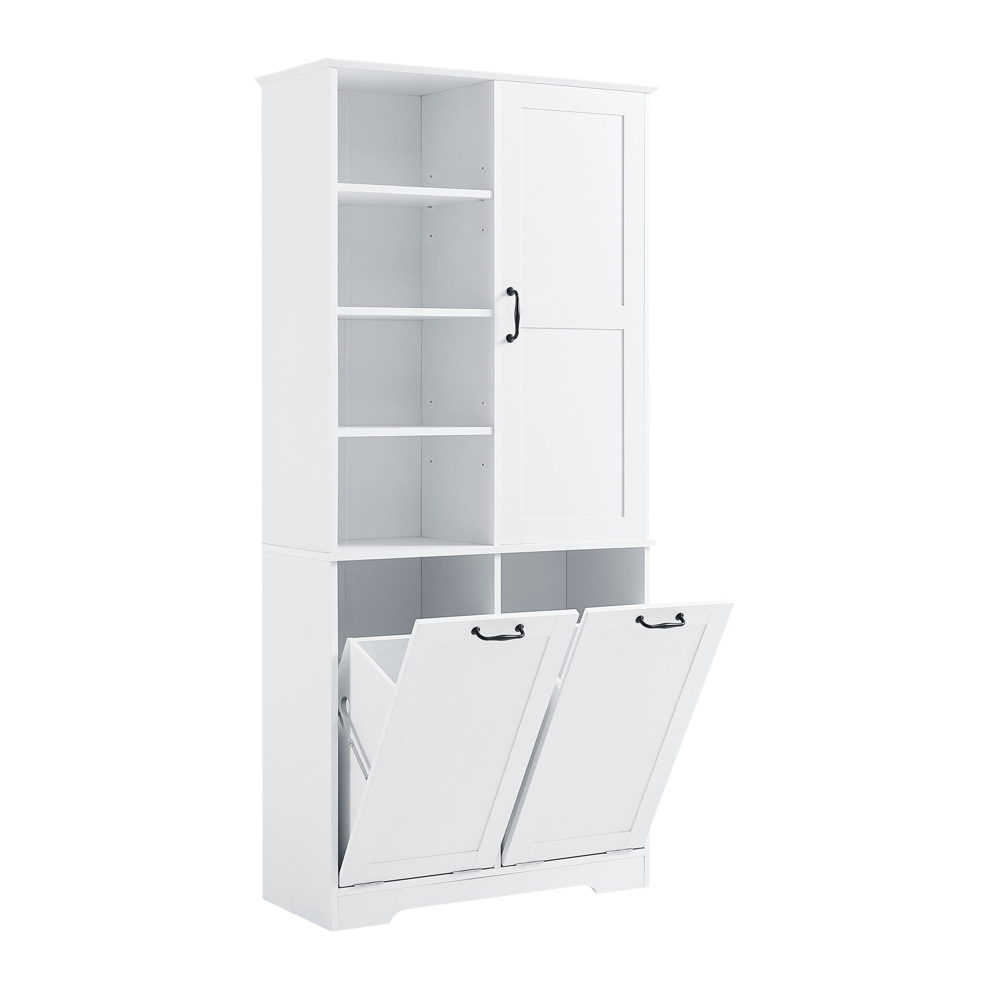 Bathroom Storage Cabinet With Doors And Drawers, Tilt Out Laundry Hamper, Multiple Storage Space, Freestanding Style, Open Shelve, Adjustable Shelf, White White Mdf