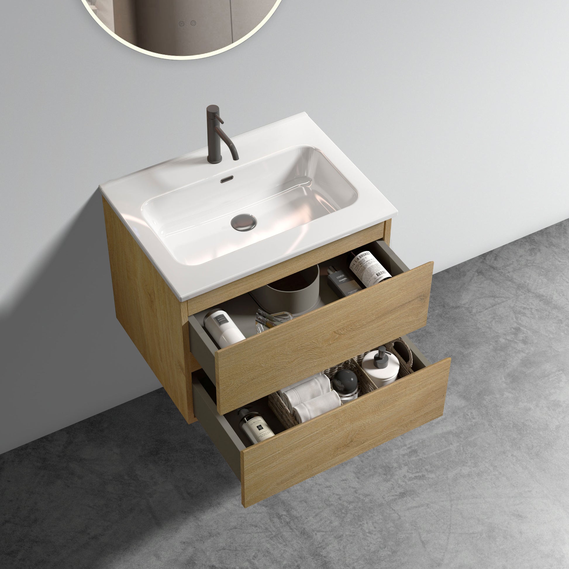 Wall Mount 24" Natural Oak Bathroom Vanity With Ceramic Sink With One Faucet Hole, Large Storage Floating Bathroom Vanity For Modern Bathroom, Pre Assembled Oak Bathroom Modern Ceramic Mdf