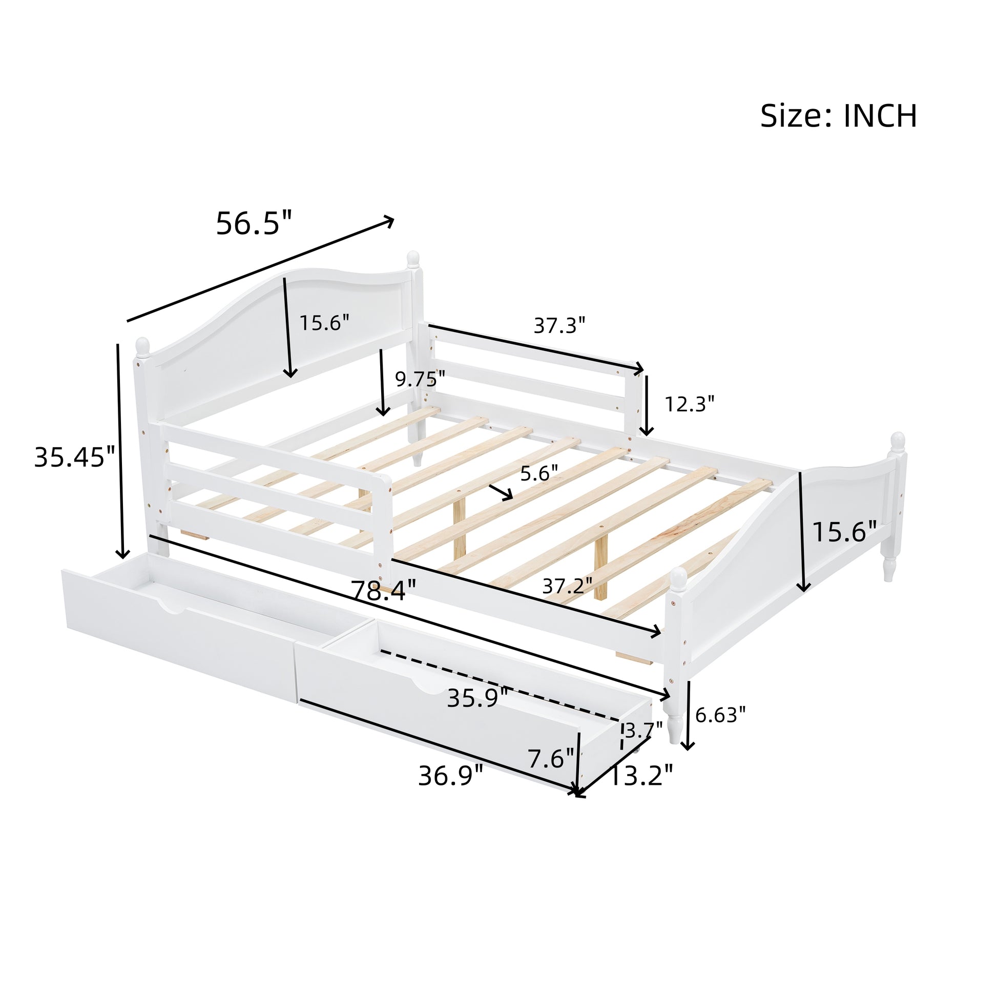 Full Size Wood Platform Bed With Guardrails On Both Sides And Two Storage Drawers ,White Full White Wood