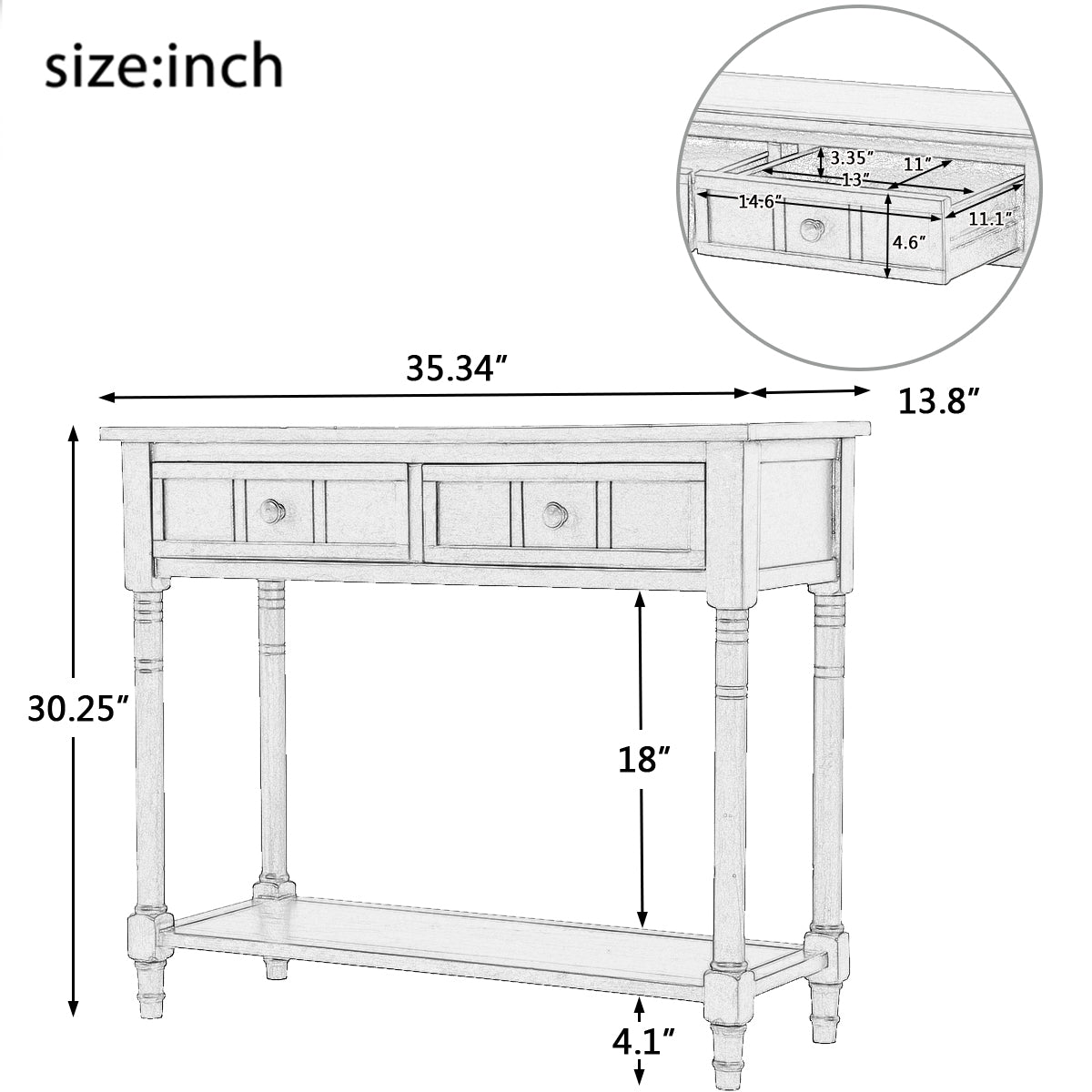 Daisy Series Console Table Traditional Design With Two Drawers And Bottom Shelf Retro Grey Antique Gray Solid Wood