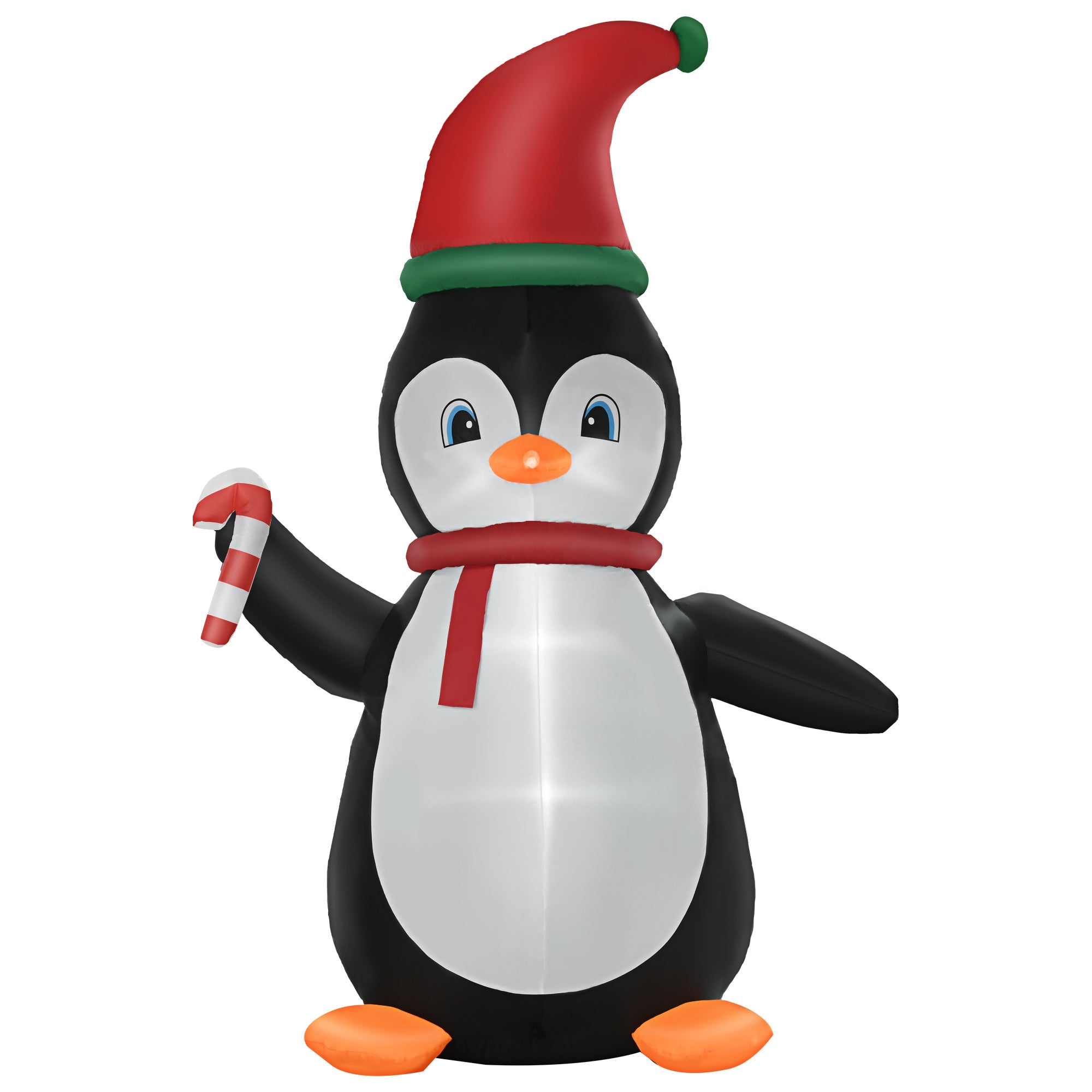 Homcom 8Ft Christmas Inflatables Outdoor Decorations Penguin With Candy Cane, Blow Up Yard Christmas Decor With Led Lights Display Multicolor Polyester