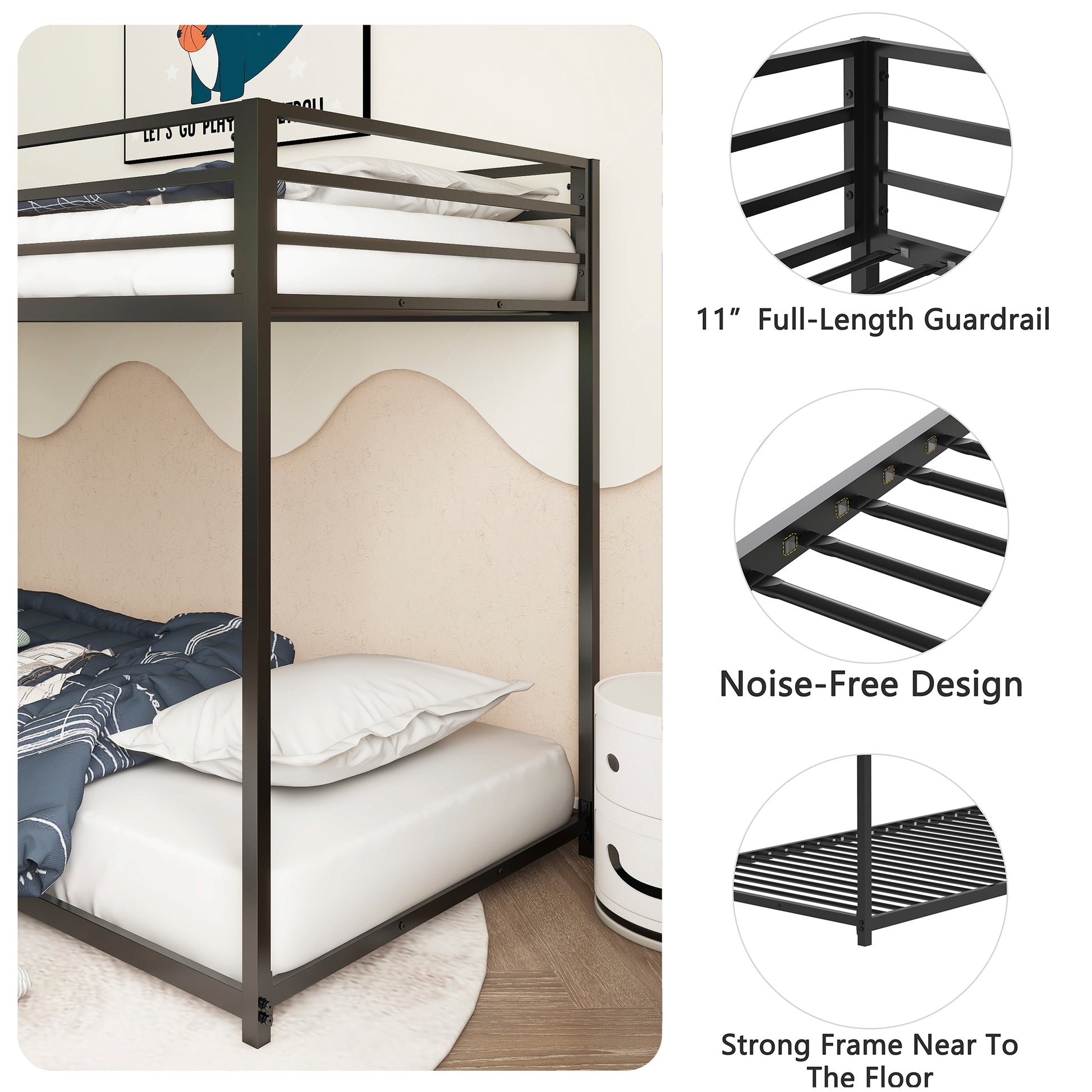 Adam Twin Over Twin Metal Bunk, Black Twin Box Spring Not Required Black Bedroom Bed Frame Metal Metal