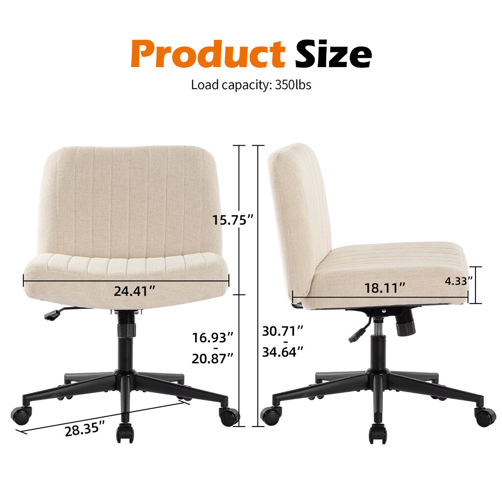 Office Chair With Wheels, Armless Office Chair, Linen Wide Seat Home Office Chair, Cute Computer Chair With 15 Swing Backrest, Suitable For Bedrooms And Dressing Tables Wood Beige Handle Linen