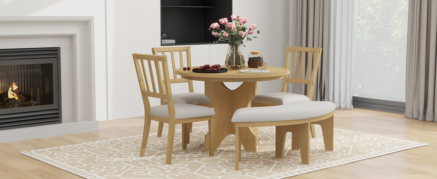 5 Piece Rustic Charm Round Dining Set With 3 Upholstered Chairs And Curved Bench For Dining Room, Kitchen And Living Room Natural Natural Rubber Wood