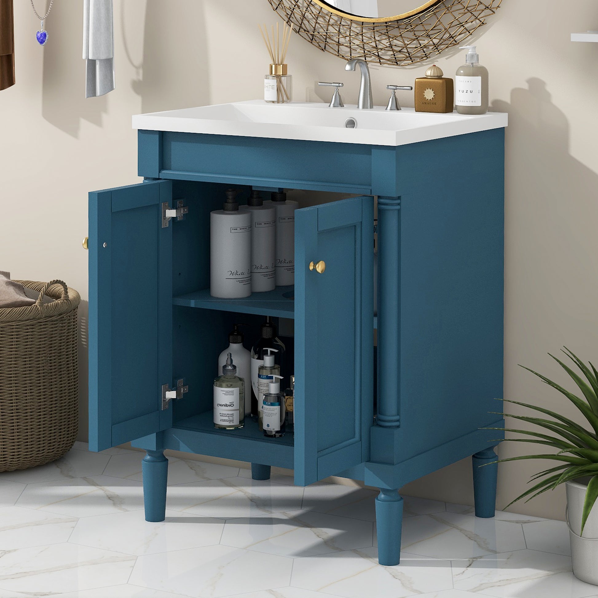 24'' Bathroom Vanity With Top Sink, 2 Tier Modern Bathroom Storage Cabinet, Single Sink Bathroom Vanity, Large Storage Shelves Blue 2 1 Adjustable Hinges Freestanding Modern Solid Wood Mdf Resin Painted