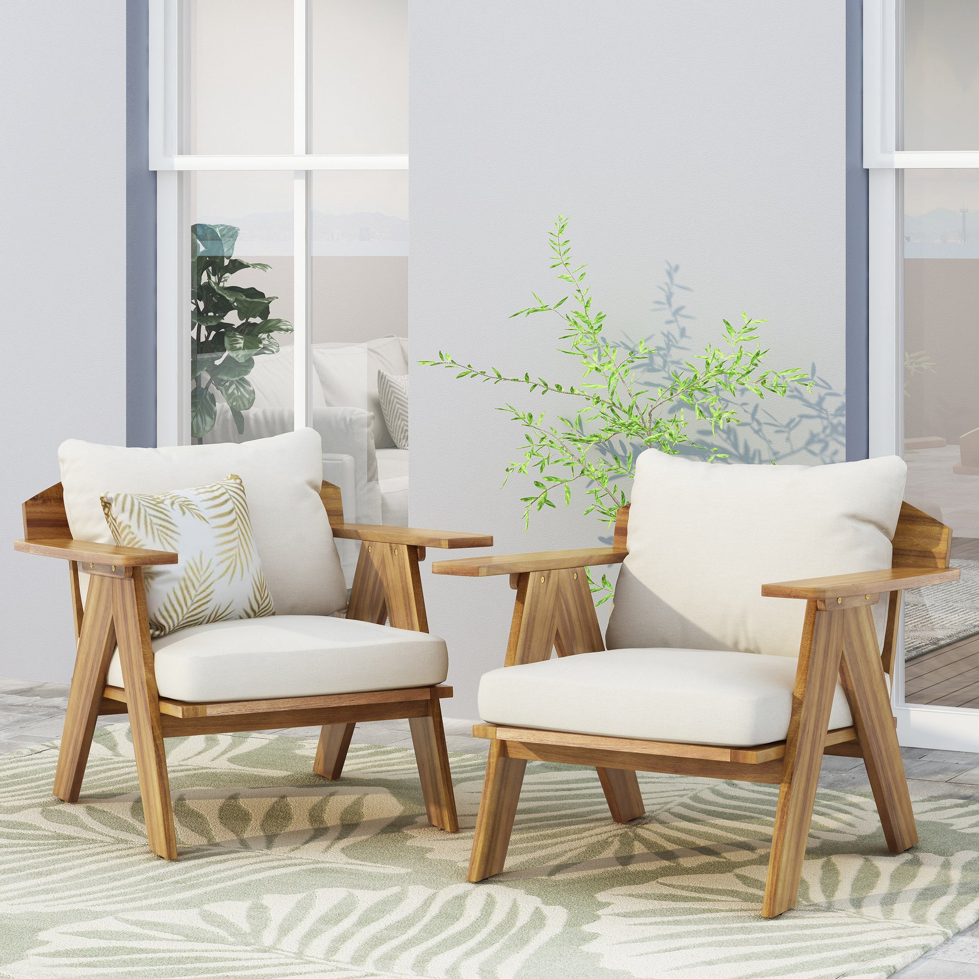 Outdoor Acacia Wood Club Chairs With Cushions Set Of 2 , Teak Finish Beige, 30.75" W X 30.25" D X 26.00" H Beige Acacia Wood