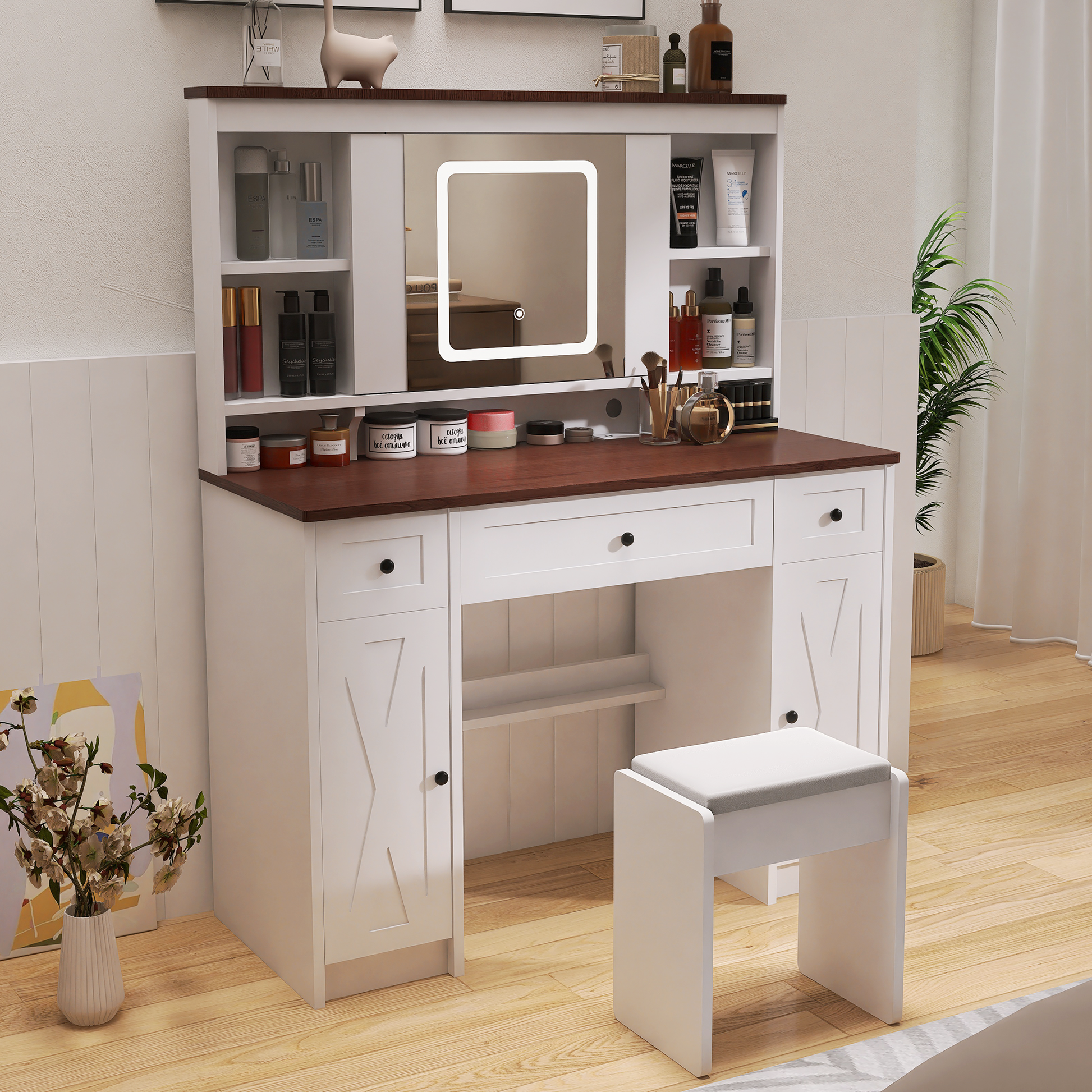 Farmhouse Vanity Desk With Sliding Mirror,Lights And Charging Station,Makeup Table Desk With Dimmable Led Light,Vanity Makeup Table With Sponge Soft Stool,White Brown Finish White Drawer 5 Drawers &