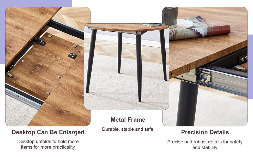 Table And Chair Set.Modern Extendable Wood Mdf Dining Table.The Table Has A Telescopic Design, Suitable For Gatherings Of Different Size.Paired With 4 Chairs With Pu Cushions And Black Metal Legs. Brown,Wood Seats 4 Mdf Metal