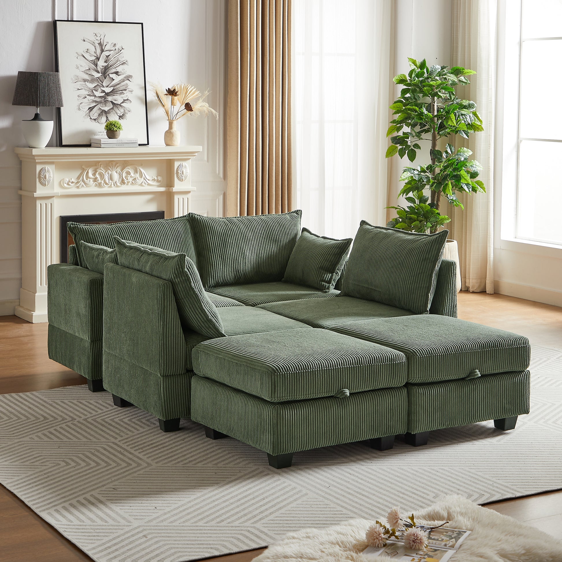 113.5'' Modular Sectiona Corduroy Sofa, Sectional Couches For Living Room U Shaped Sectional Couch With Storage Ottoman, 6 Seats Convertible Sectionals With Chaise Green Corduroy 6 Seat