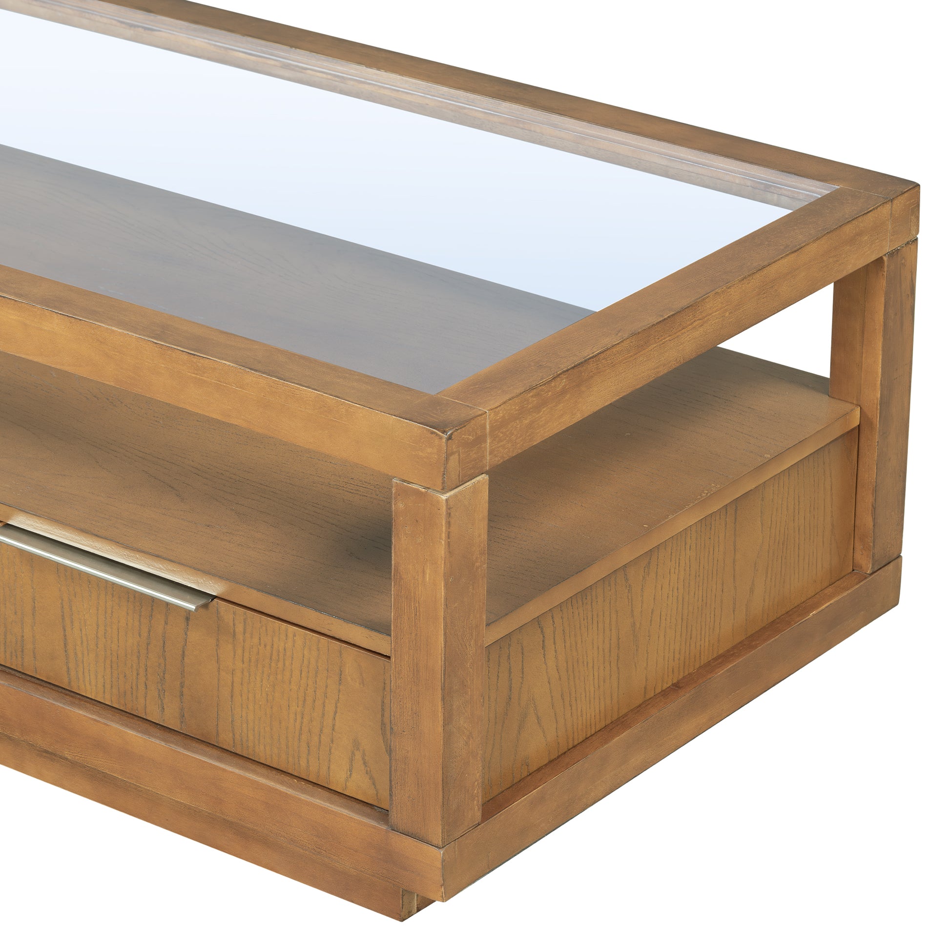 Modern Wood Coffee Table With 2 Drawers ,Minimalist Display Coffee Table With Transparent Tempered Glass, Open Storage Shelf For Living Room Brown Solid Wood Mdf