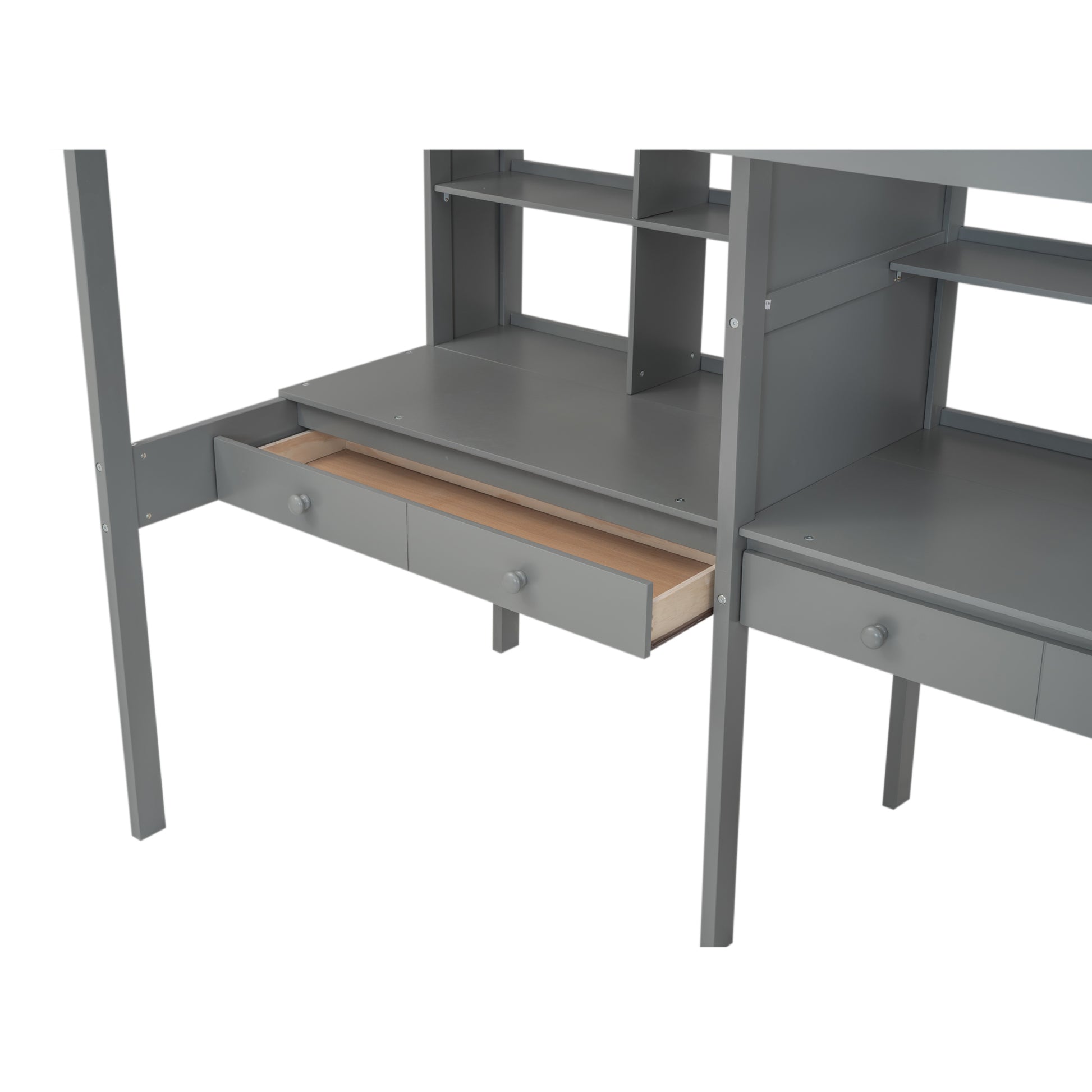 Twin Size Loft Bed Frame With Storage Staircase And Double Desks And Shelves,Gray Twin Gray Solid Wood Mdf