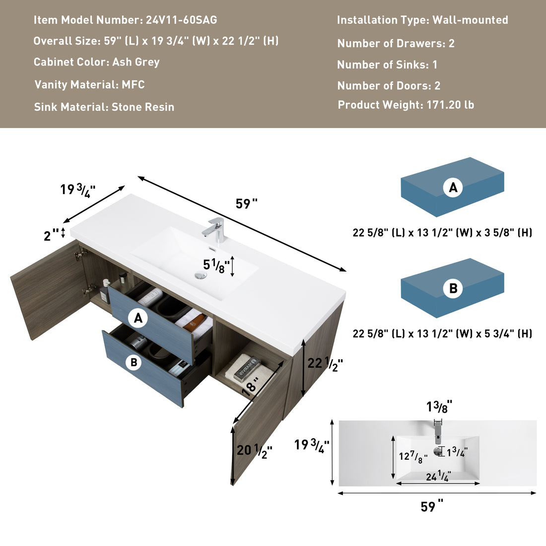 60" Floating Bathroom Vanity With Sink, Modern Wall Mounted Bathroom Storage Vanity Cabinet With Resin Top Basin And Soft Close Drawers, Ash Grey 24V11 60Sag 2 Grey 2 Bathroom Wall Mounted Melamine