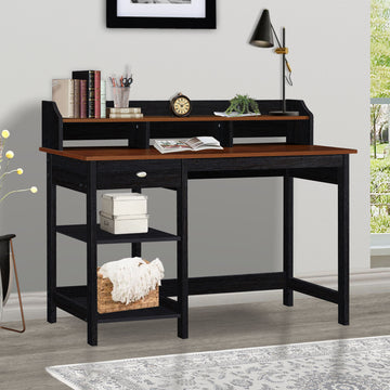 47" Writing Desk With Hutch "Teak And Black Oak Dual Tone Desk Spacious Writing And Computer Table With Drawer And Adjustable Shelf For Home Office" Teak Black Solid Wood